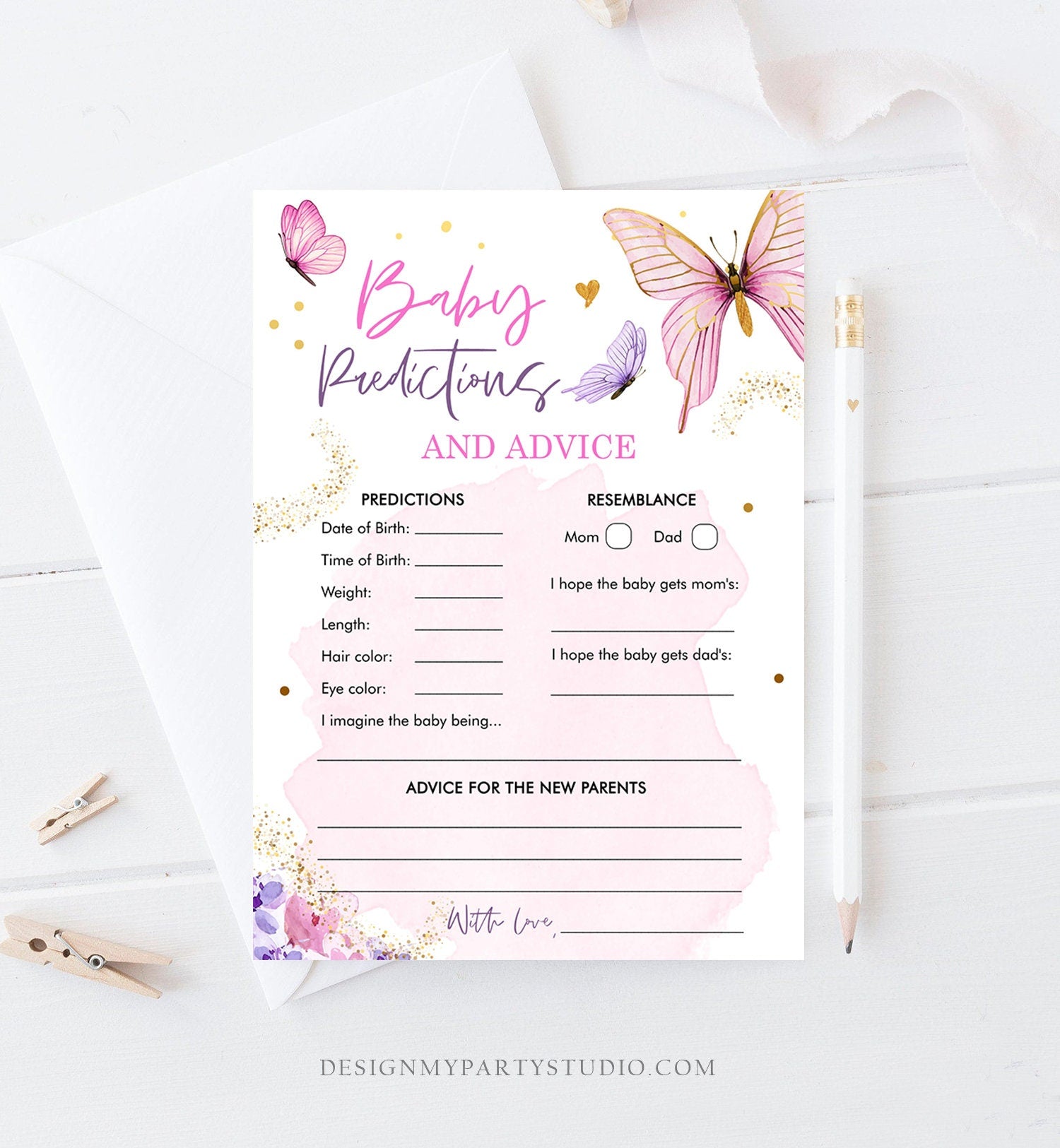 Editable Baby Predictions Advice Baby Shower Game Butterfly Baby Shower Floral Butterflies Lilac Pink Activity Corjl Template Printable 0437