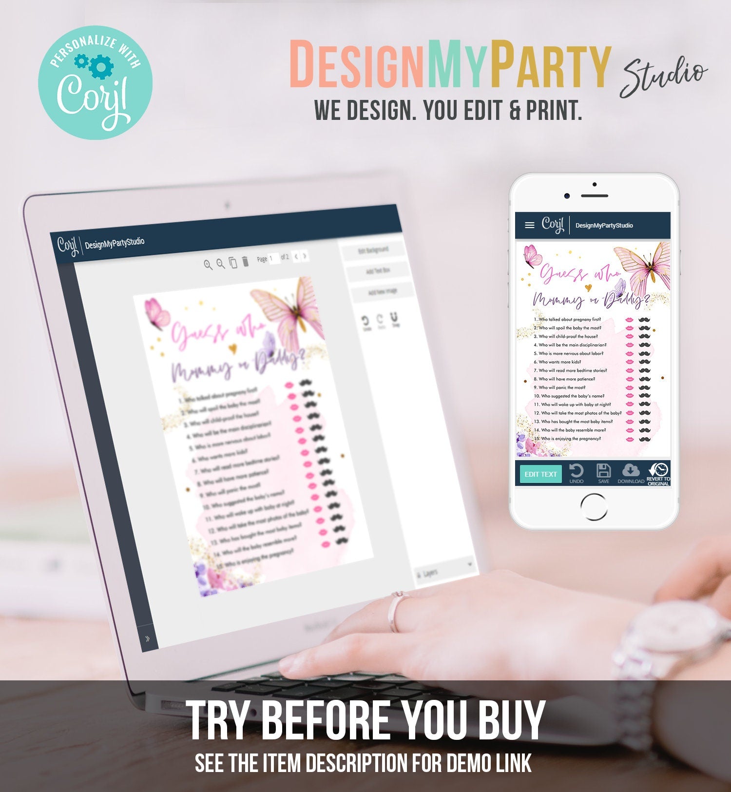 Editable Guess Who Mommy or Daddy Baby Shower Game Butterfly Baby Shower Floral Butterflies Pink Activity Digital Template Printable 0437