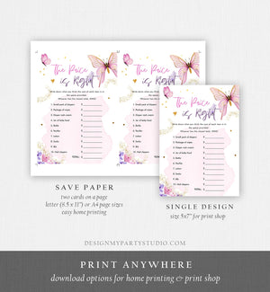 Editable The Price is Right Baby Shower Game Butterfly Baby Books Floral Butterflies Pink Purple Activity Corjl Template Printable 0437