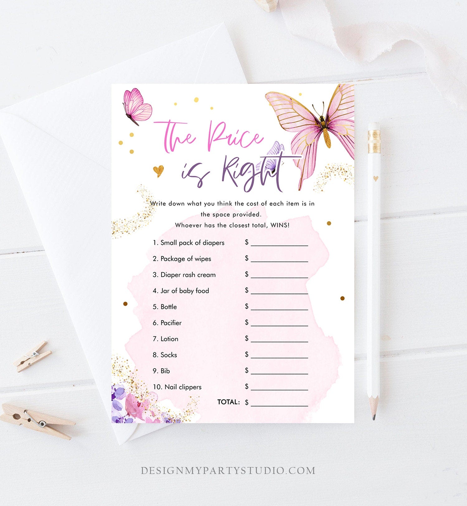 Editable The Price is Right Baby Shower Game Butterfly Baby Books Floral Butterflies Pink Purple Activity Corjl Template Printable 0437