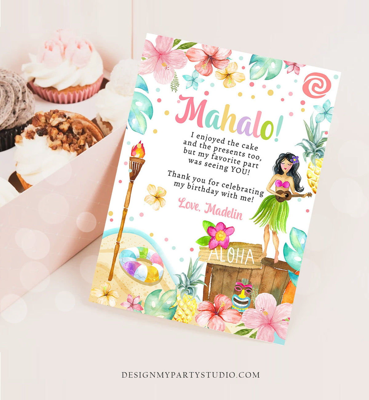 Editable Luau Birthday Thank You Card Girl Hawaiian Birthday Thank You Note Tropical Luau Party Digital Download Template Printable 0413