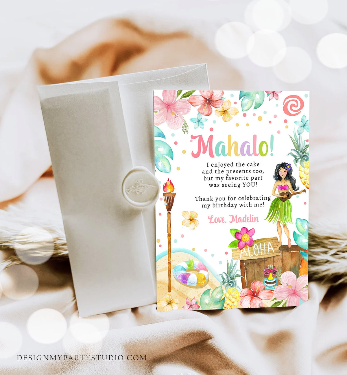 Editable Luau Birthday Thank You Card Girl Hawaiian Birthday Thank You Note Tropical Luau Party Digital Download Template Printable 0413