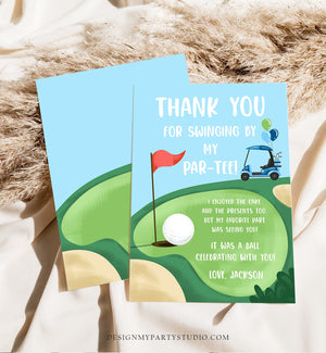Editable Golf Thank You Card Golfing Birthday Par-tee Swinging By Hole in One Golf Court Boy Girl Cart Printable Corjl Template Digital 0405