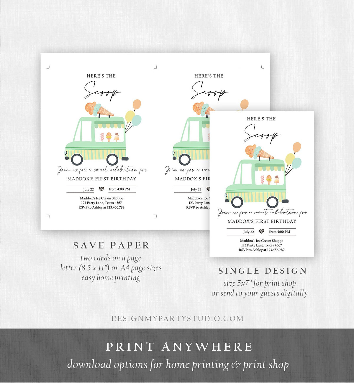 Editable Ice Cream Truck Birthday Invitation Ice Cream Birthday Invite Modern Ice Cream Shoppe Van The Scoop Printable Evite Template 0415