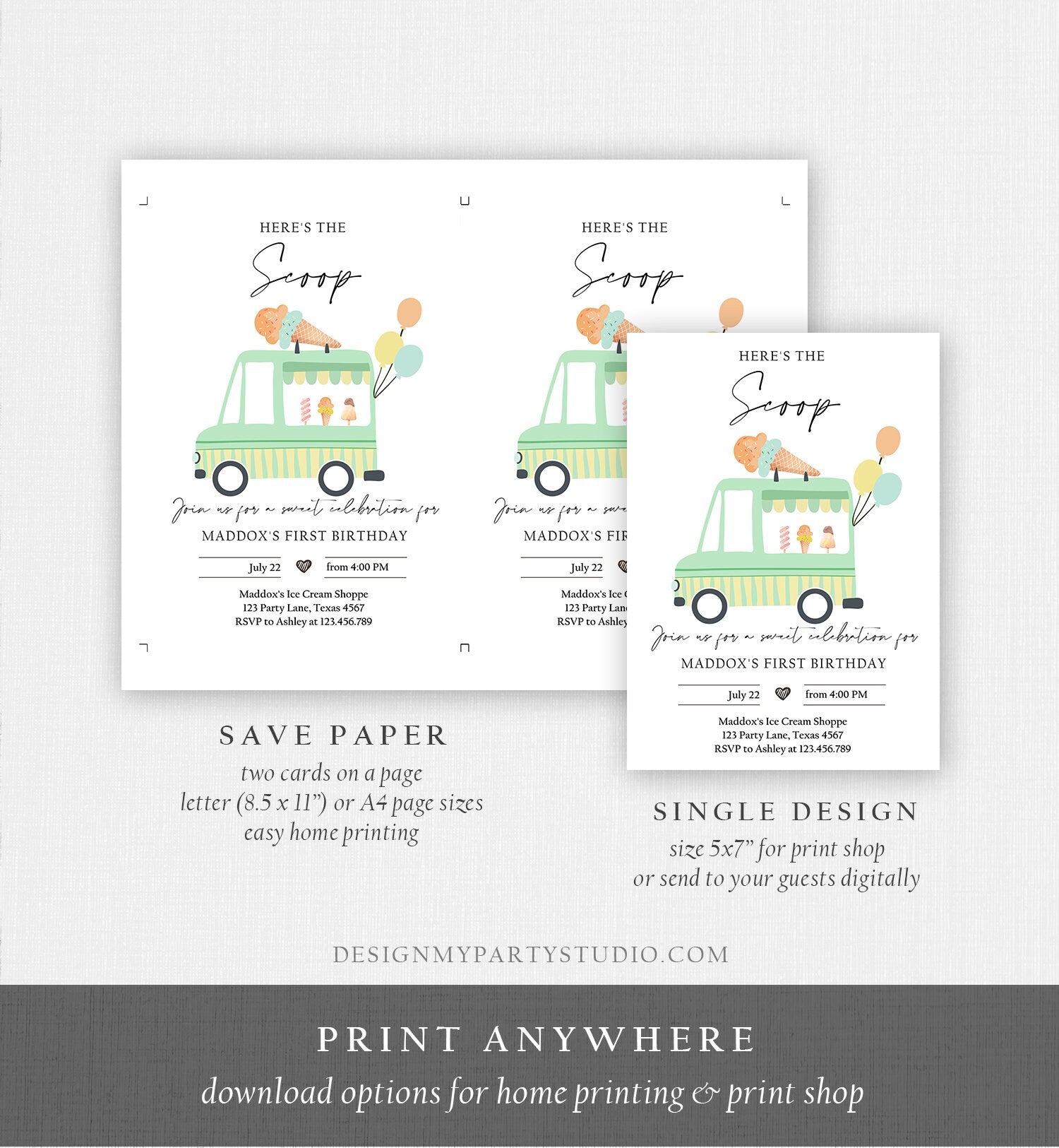 Editable Ice Cream Truck Birthday Invitation Ice Cream Birthday Invite Modern Ice Cream Shoppe Van The Scoop Printable Evite Template 0415