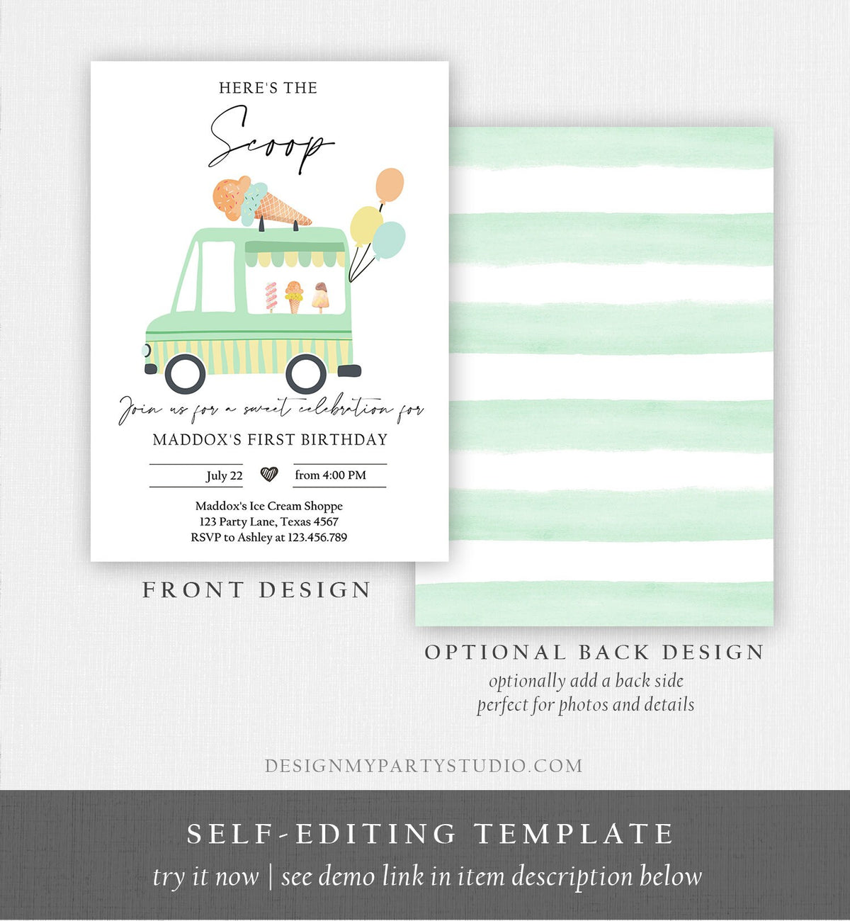 Editable Ice Cream Truck Birthday Invitation Ice Cream Birthday Invite Modern Ice Cream Shoppe Van The Scoop Printable Evite Template 0415