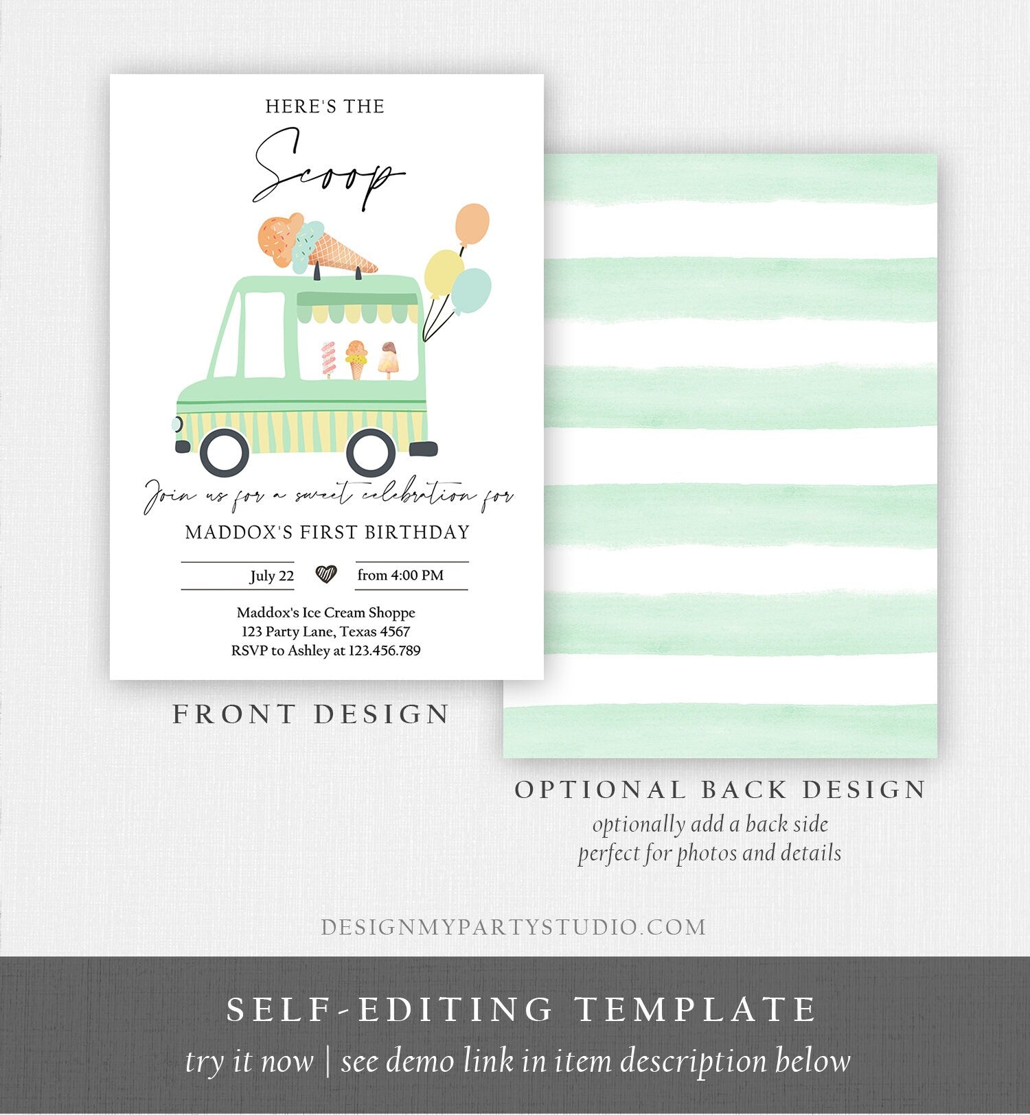 Editable Ice Cream Truck Birthday Invitation Ice Cream Birthday Invite Modern Ice Cream Shoppe Van The Scoop Printable Evite Template 0415