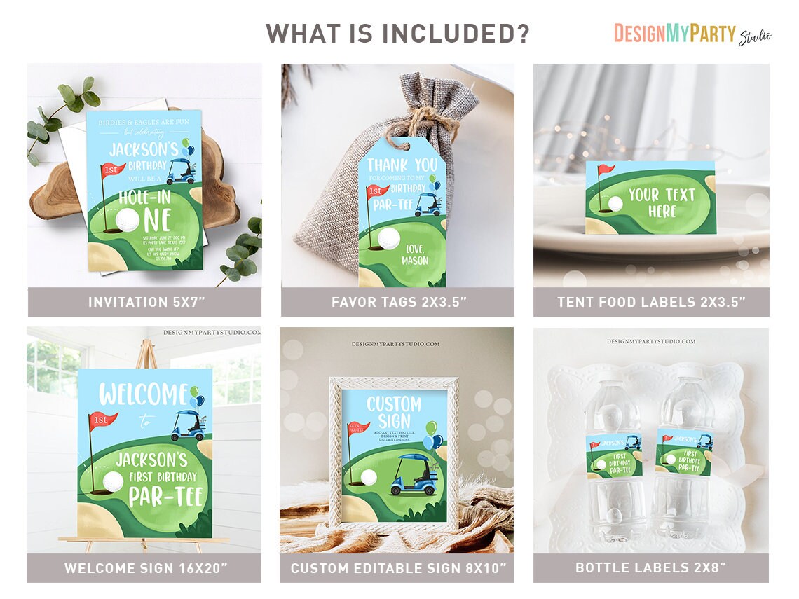 Hole in One Birthday Invitation Bundle Golf First Birthday Par-tee Boy Golfing Party Bundle Red Invite Digital Printable Corjl Template 0405