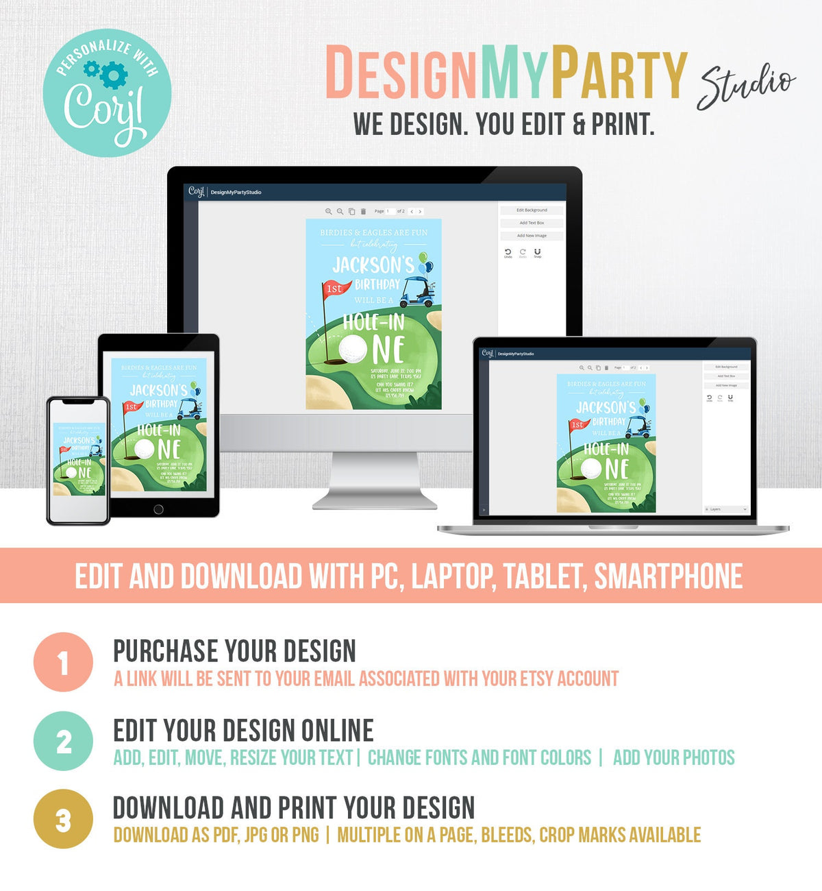 Hole in One Birthday Invitation Bundle Golf First Birthday Par-tee Boy Golfing Party Bundle Red Invite Digital Printable Corjl Template 0405