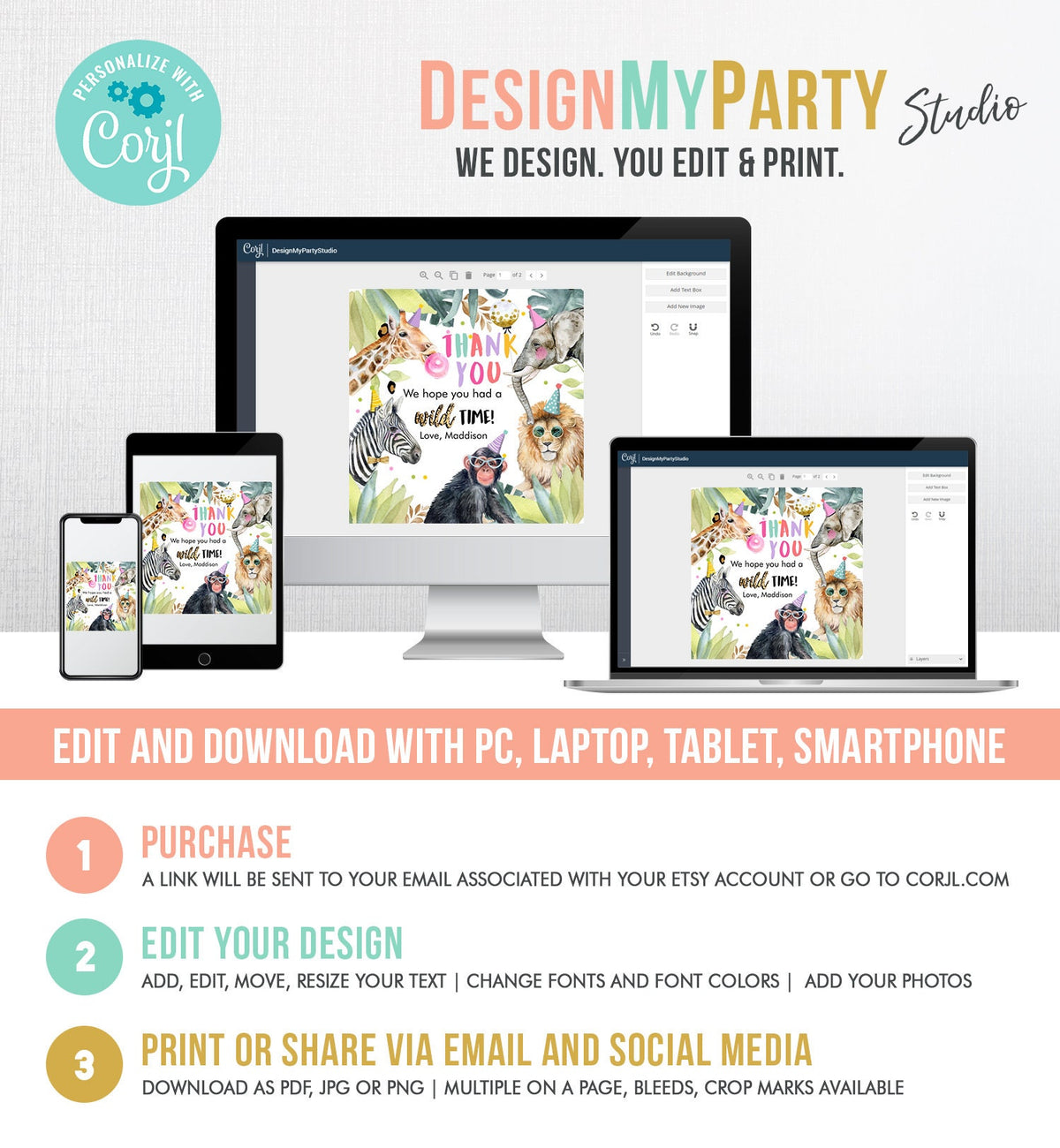 Editable Party Animals Favor Tags Wild One Animals Thank You Tags Safari Zoo Girl Birthday Wild Time Stickers Digital Download Template 0417