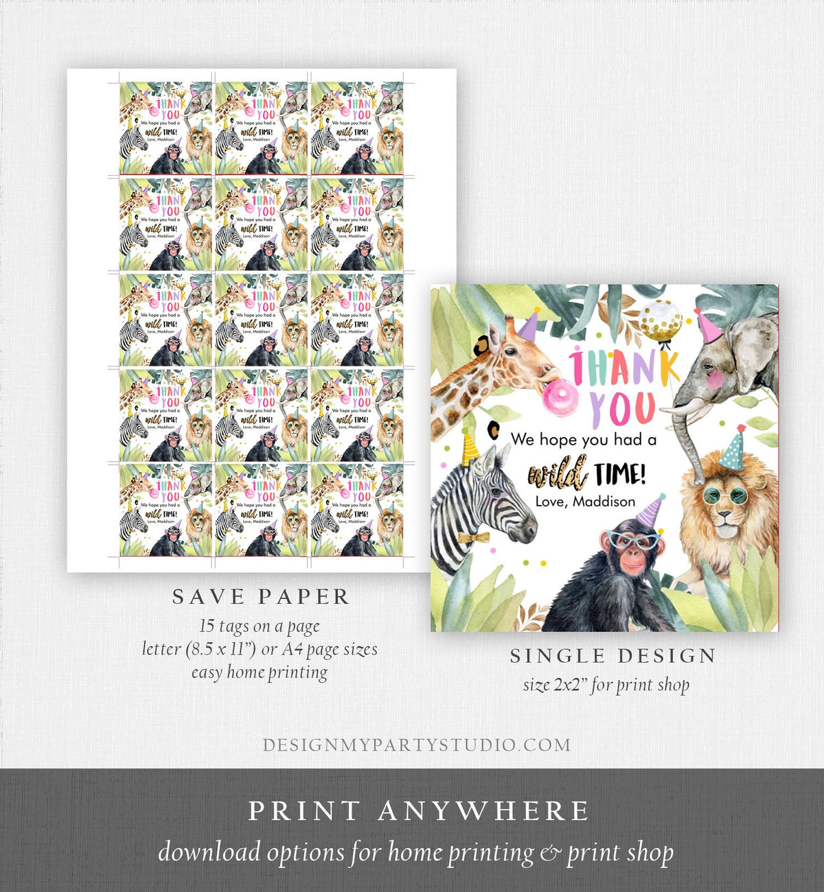 Editable Party Animals Favor Tags Wild One Animals Thank You Tags Safari Zoo Girl Birthday Wild Time Stickers Digital Download Template 0417