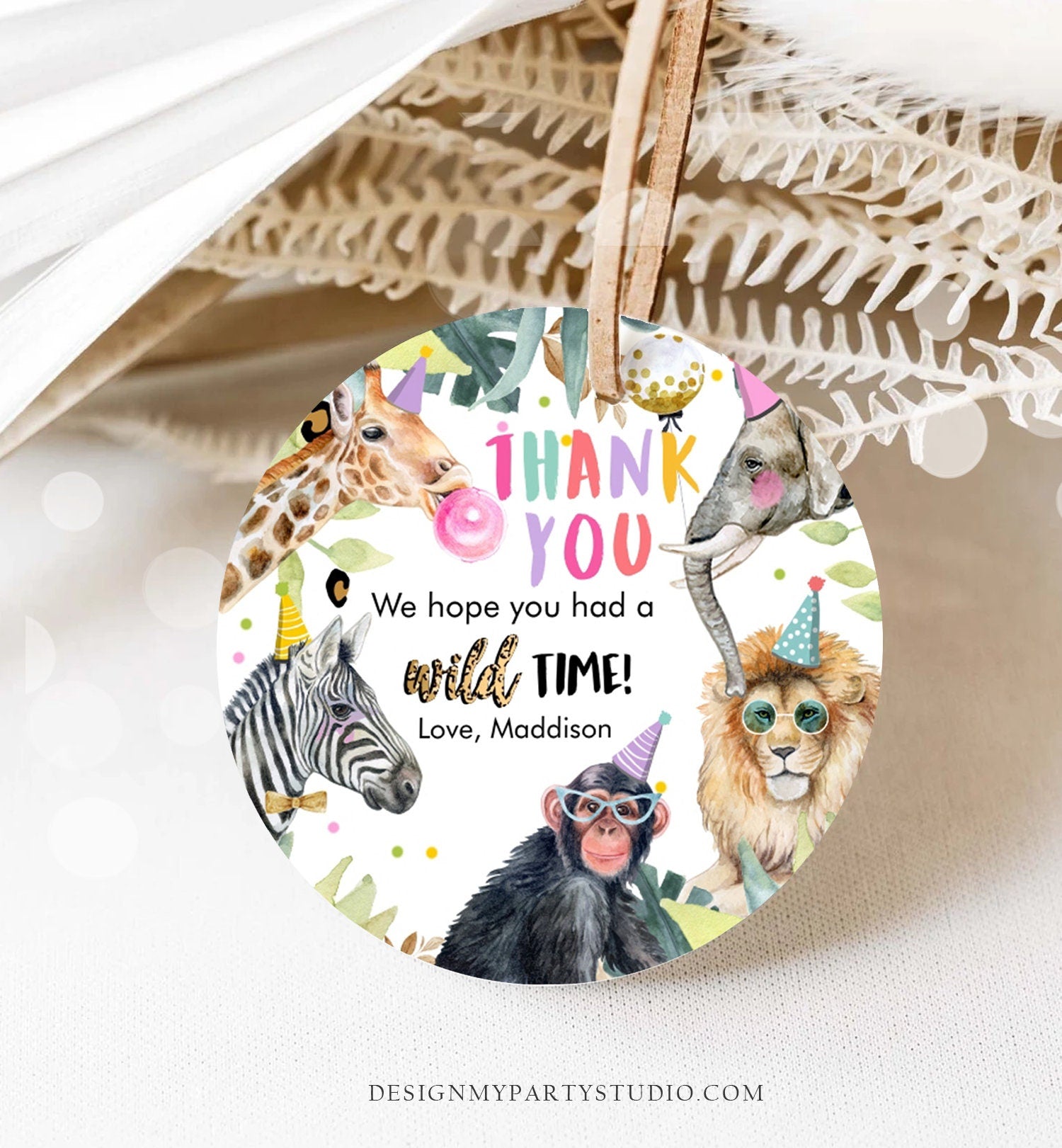 Editable Party Animals Favor Tags Wild One Animals Thank You Tags Safari Zoo Girl Birthday Wild Time Stickers Digital Download Template 0417