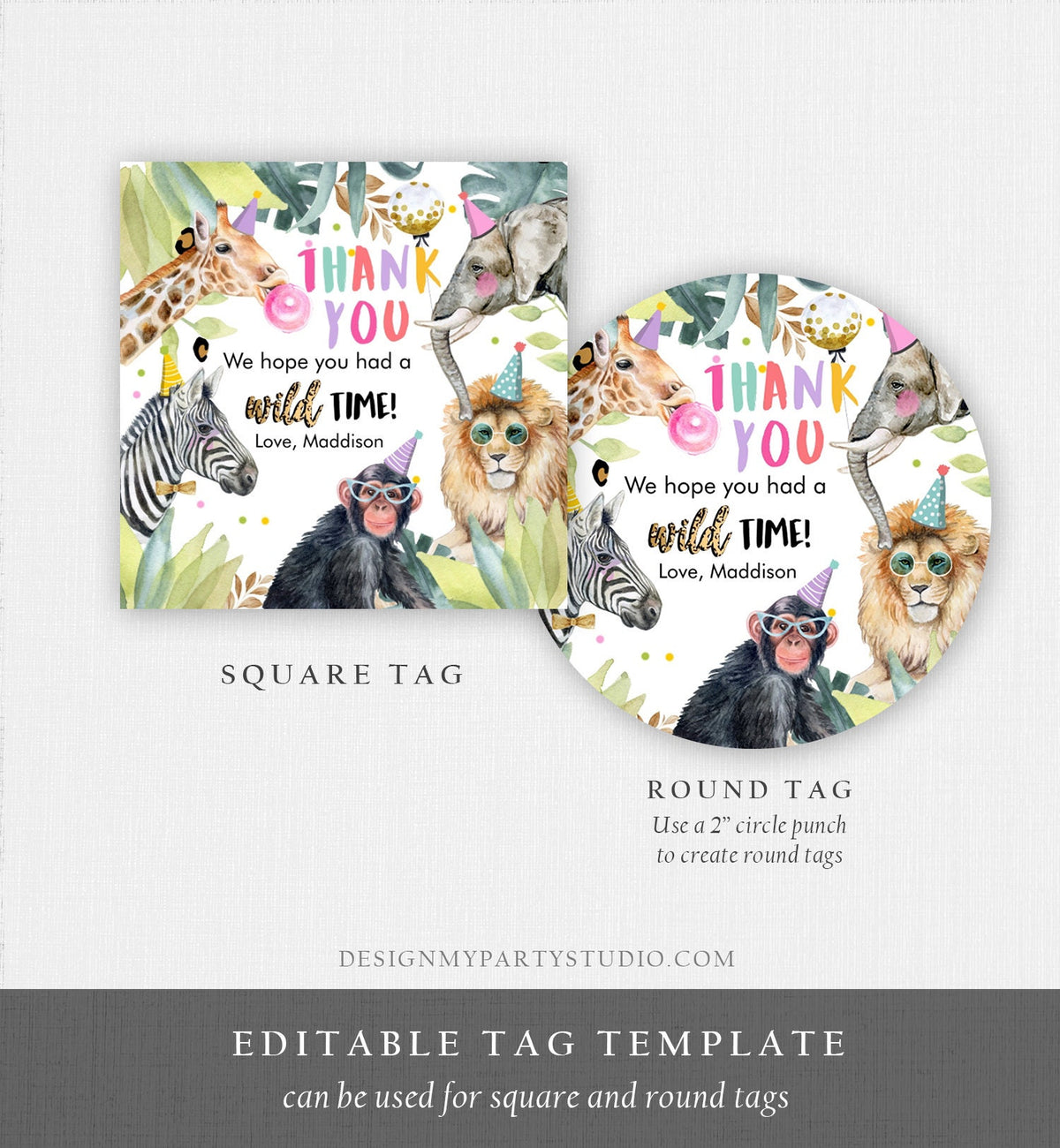 Editable Party Animals Favor Tags Wild One Animals Thank You Tags Safari Zoo Girl Birthday Wild Time Stickers Digital Download Template 0417