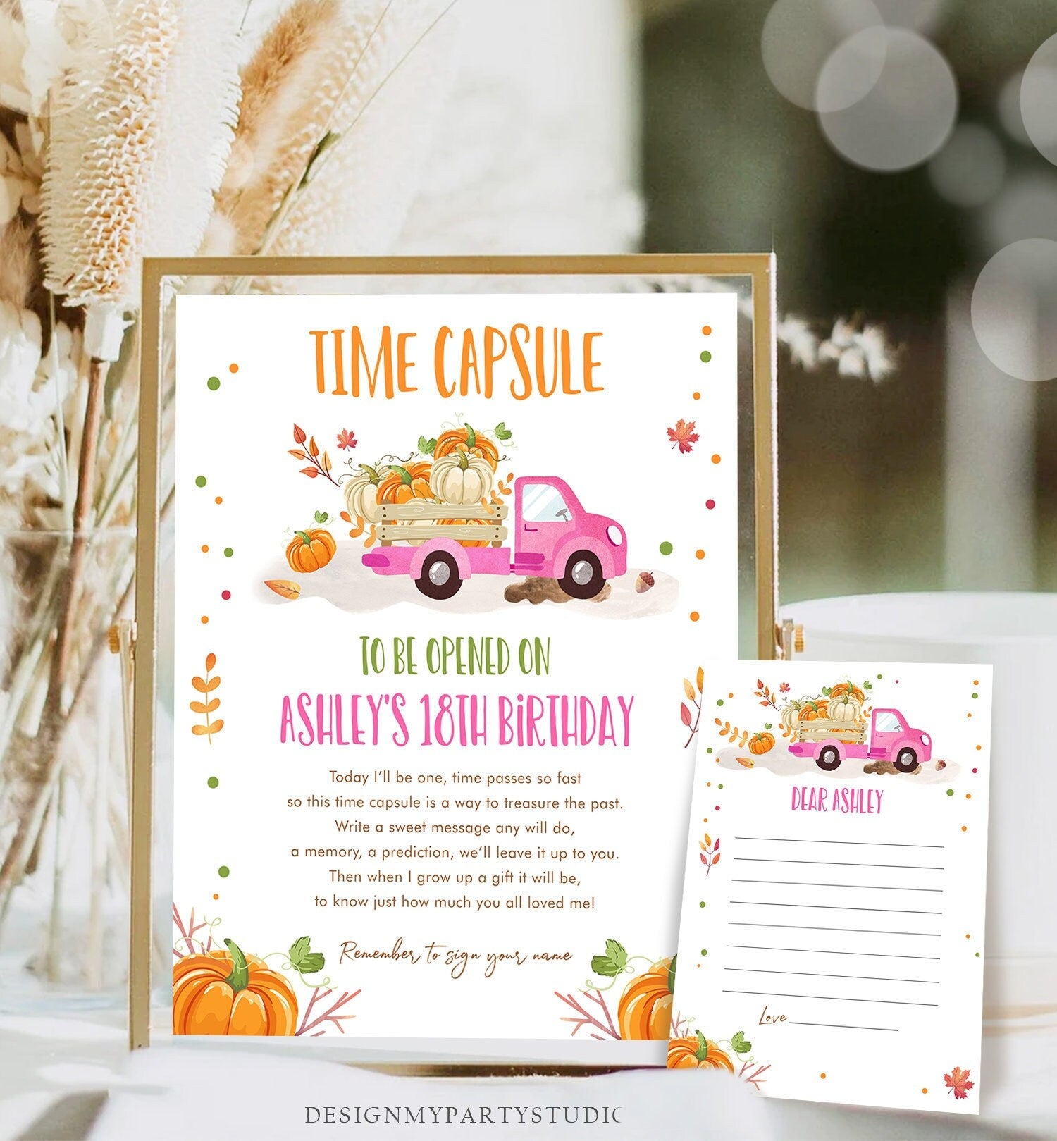 Editable Pumpkin Truck Birthday Time Capsule First 1st Pumpkin Fall Autumn Pink Truck Barnyard Girl Leaves Corjl Template Printable 0153