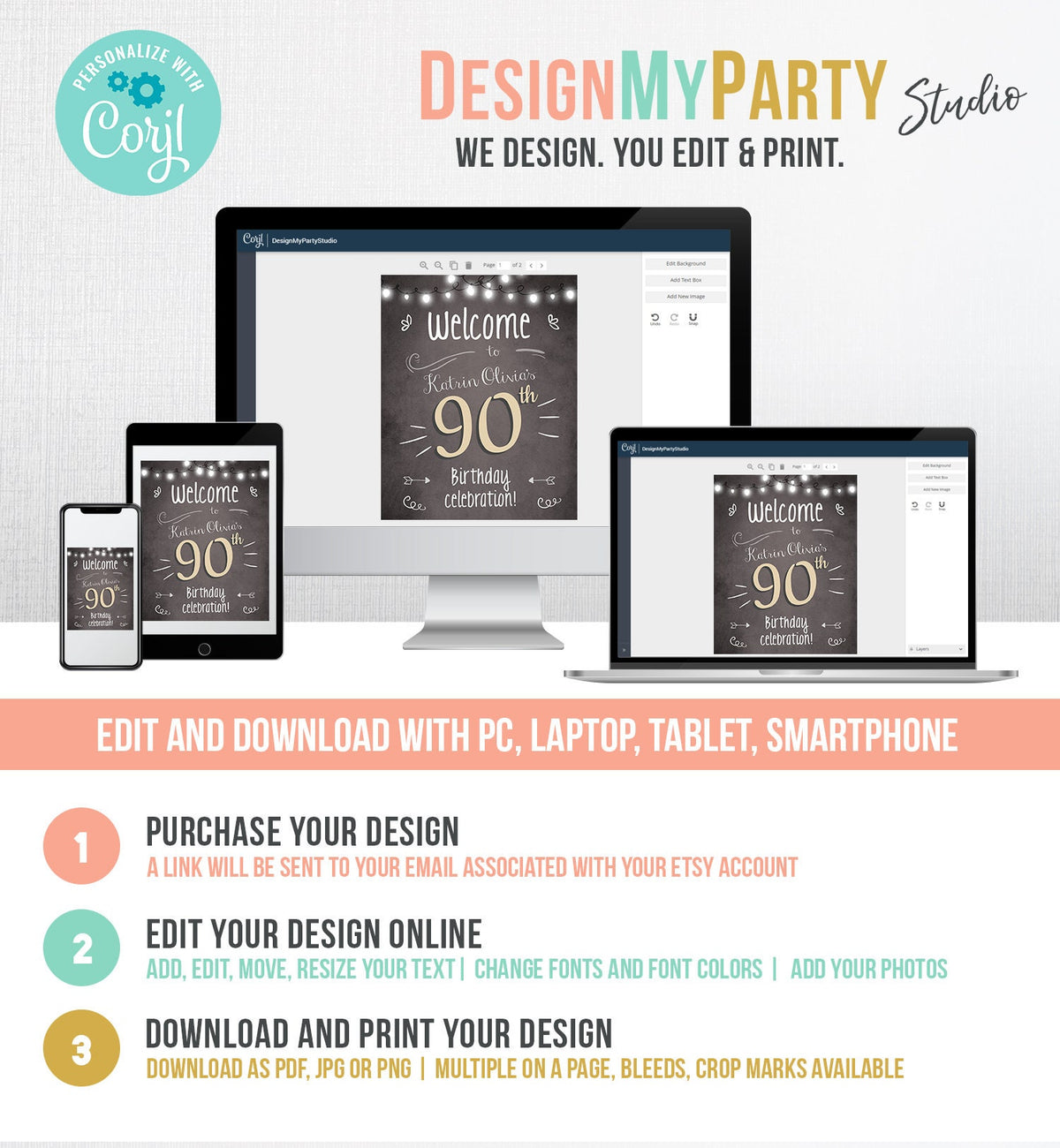 Editable Adult Birthday 90th 80th 70th Birthday Party Welcome Sign Poster Rustic Neutral Woman Men Decor Template PRINTABLE Corjl 0230