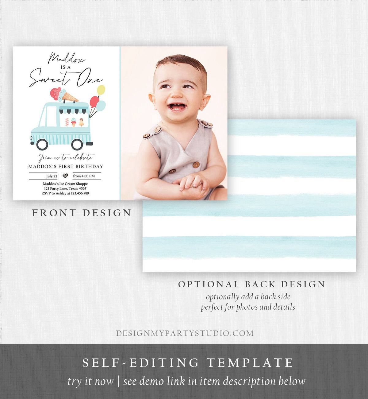 Editable Ice Cream Truck Birthday Invitation Boy Ice Cream Sweet One Modern 1st Birthday Party First Download Printable Template Corjl 0415