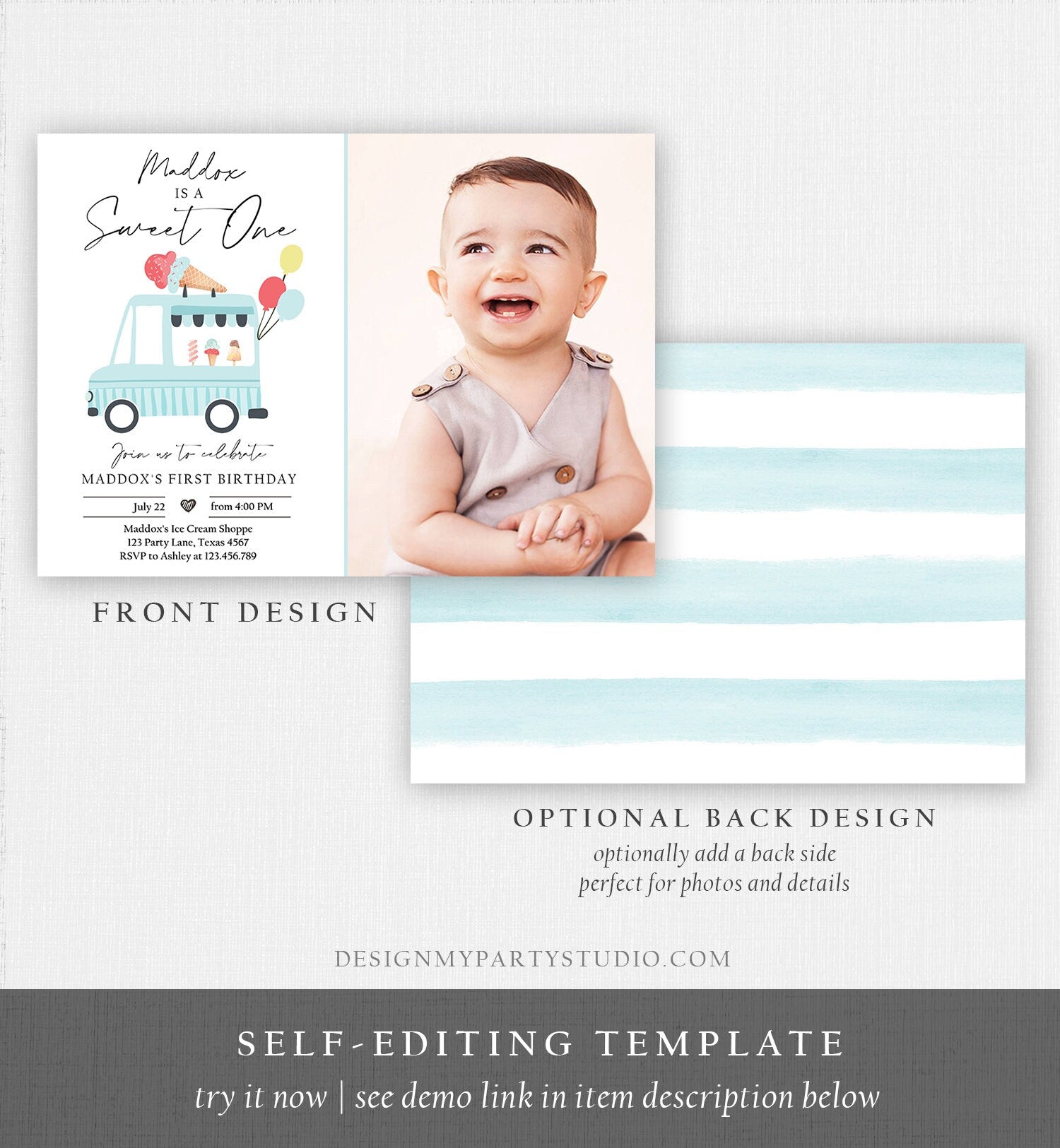 Editable Ice Cream Truck Birthday Invitation Boy Ice Cream Sweet One Modern 1st Birthday Party First Download Printable Template Corjl 0415