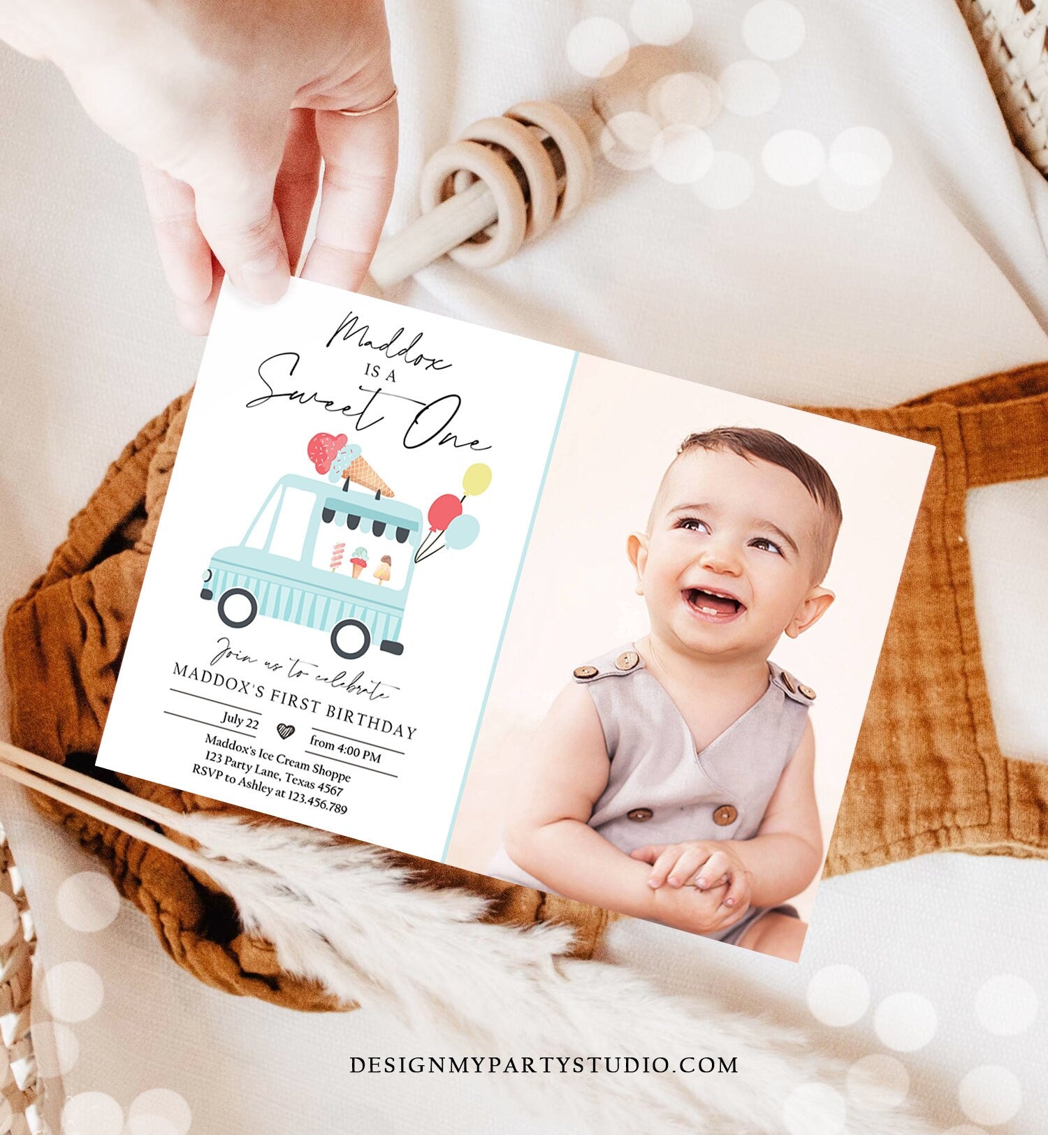 Editable Ice Cream Truck Birthday Invitation Boy Ice Cream Sweet One Modern 1st Birthday Party First Download Printable Template Corjl 0415