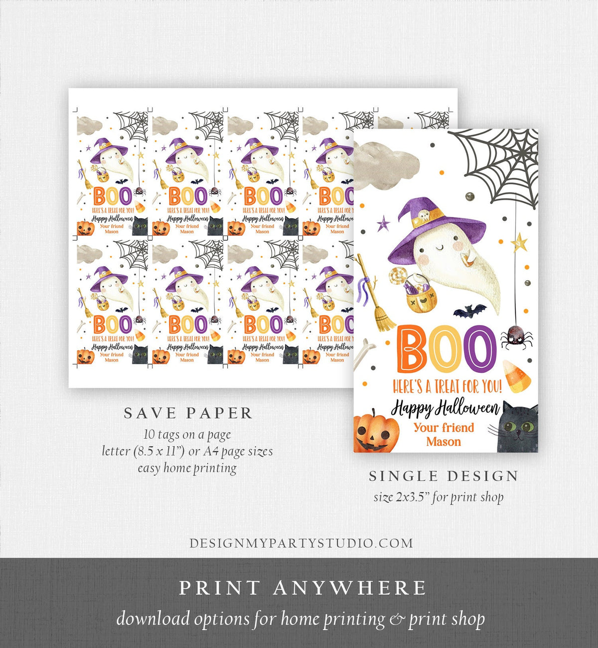 Editable Halloween Favor Tags Boo Gift Tags Costume Party Trick Or Treat Favor Tags Ghost Treat Tag Digital Download Template Printable 0261