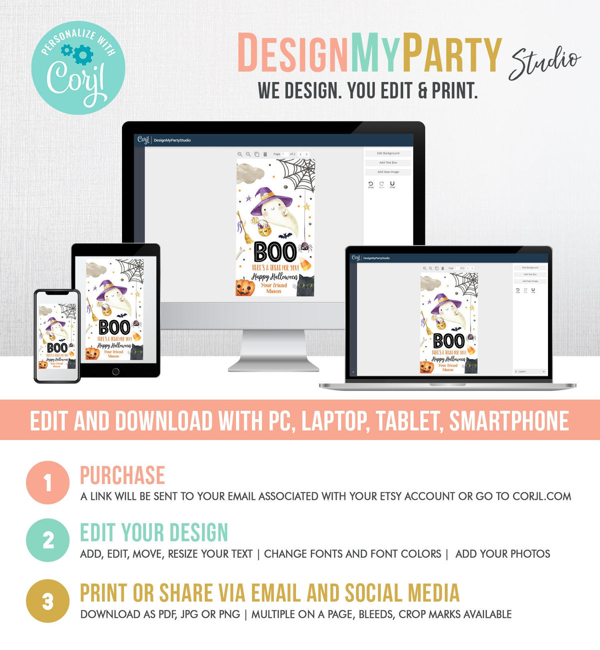 Editable Halloween Favor Tags Boo Gift Tags Costume Party Trick Or Treat Favor Tags Ghost Treat Tag Digital Download Template Printable 0261