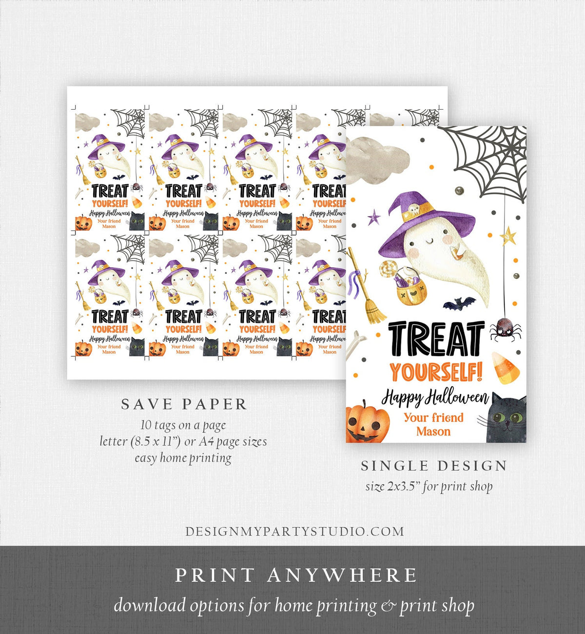 Editable Halloween Favor Tags Ghost Gift Tags Treat Yourself Trick Or Treat Bag Ghost Treat Tag Digital Download Template Printable 0261