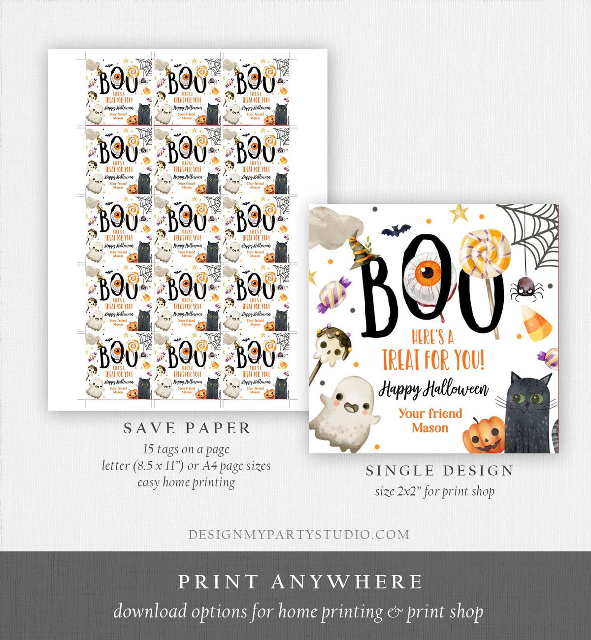 Editable Halloween Favor Tags Boo Gift Tags Costume Party Trick Or Treat Favor Tags Ghost Treat Tag Digital Download Template Printable 0261