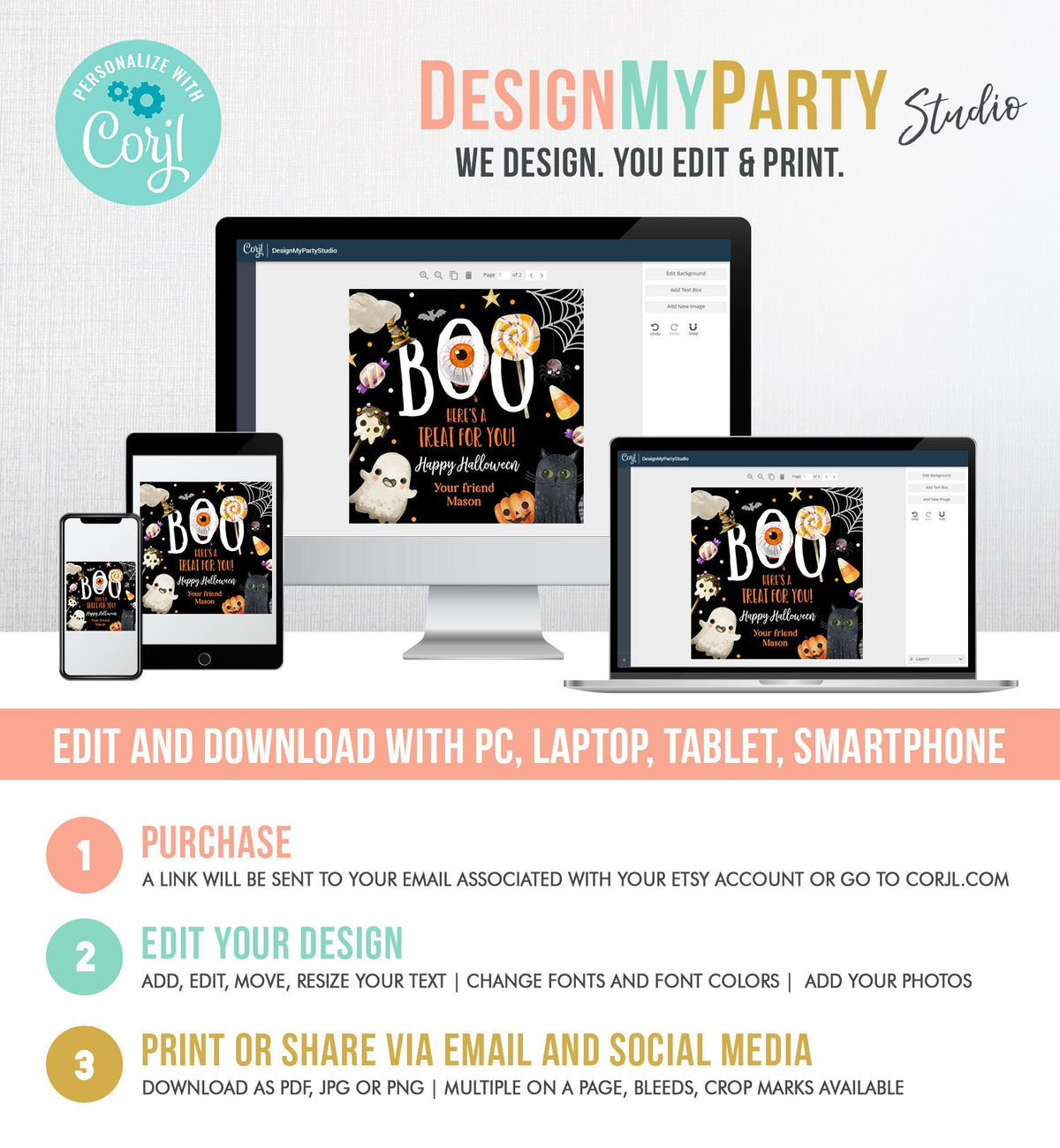 Editable Halloween Favor Tags Boo Gift Tags Costume Party Trick Or Treat Favor Tags Ghost Treat Tag Digital Download Template Printable 0261