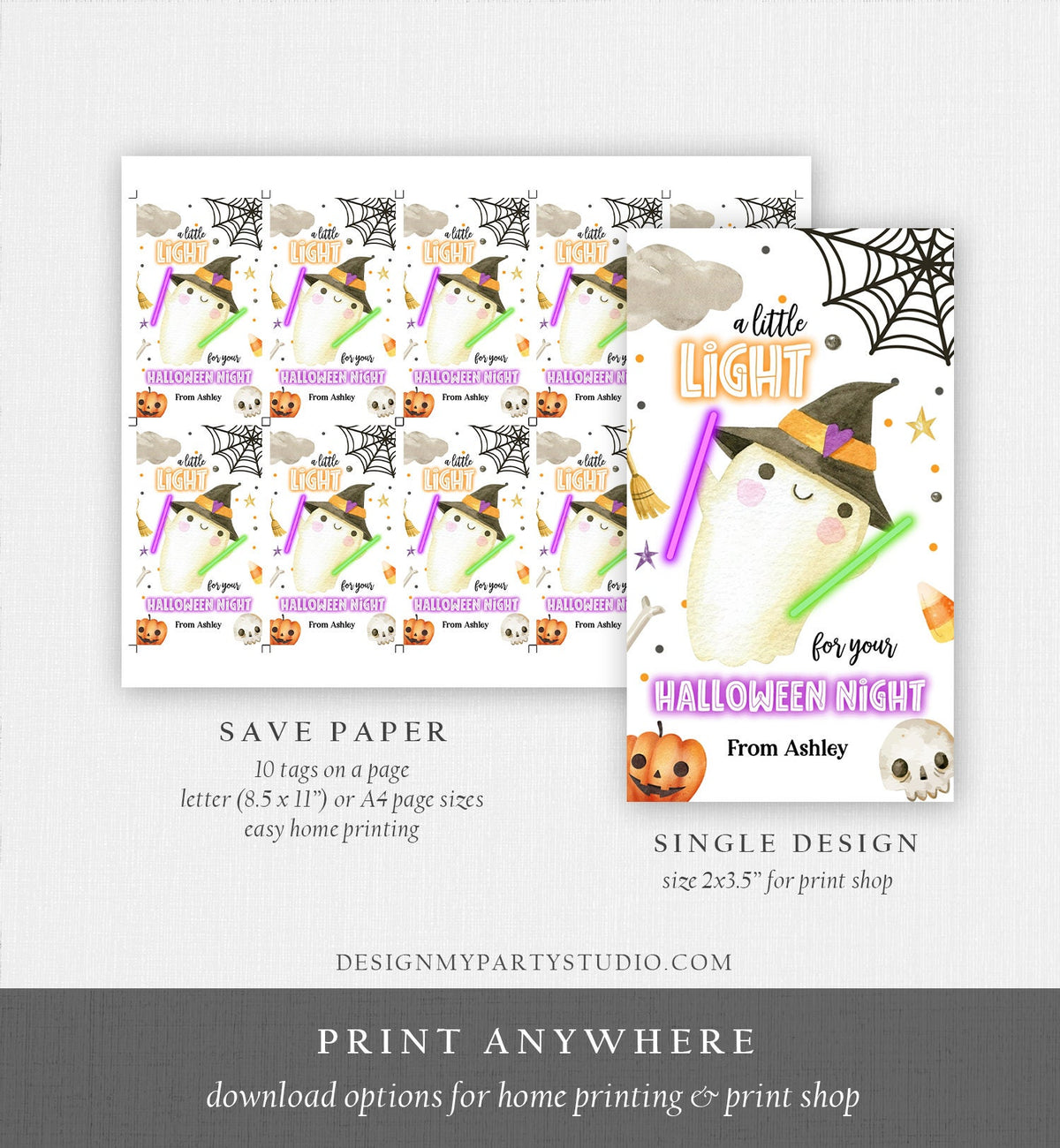 Editable Halloween Glow Stick Favor Tags Ghost Gift Tags Trick Or Treat Halloween Night School Digital Download Template Printable 0261