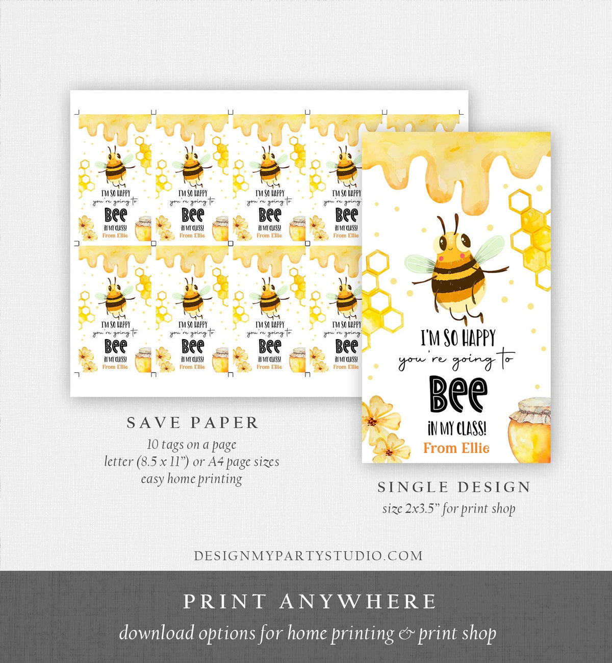 Editable Back to School Treat Tags Classroom Bee in My Class First Day of School Favor Tag Honey Gift Tag Digital Template Printable 0464