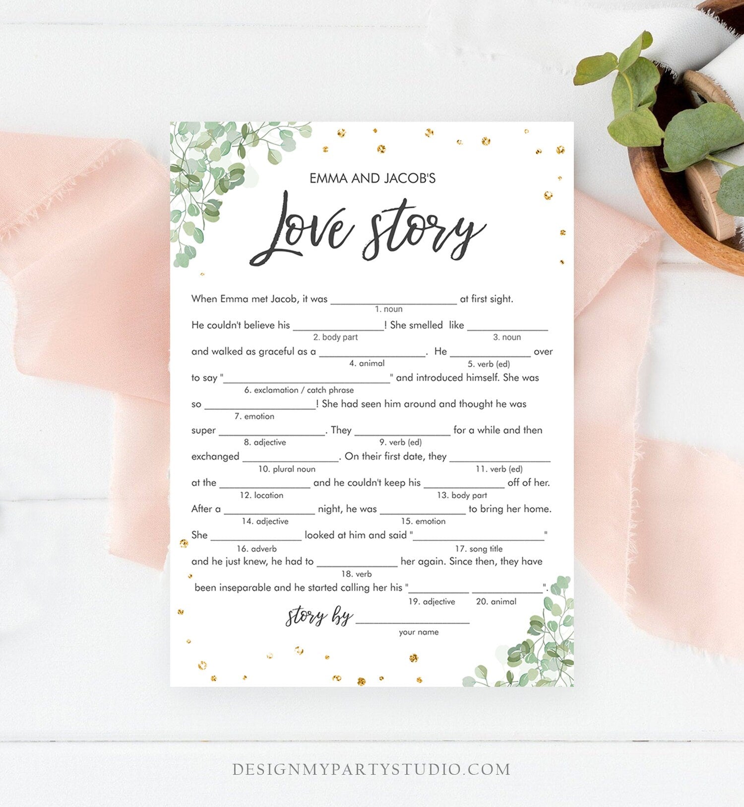 Editable Love Story Bridal Shower Game Funny Eucalyptus Gold Confetti Shower Activity Wedding Foliage Download Corjl Template 0030 0318