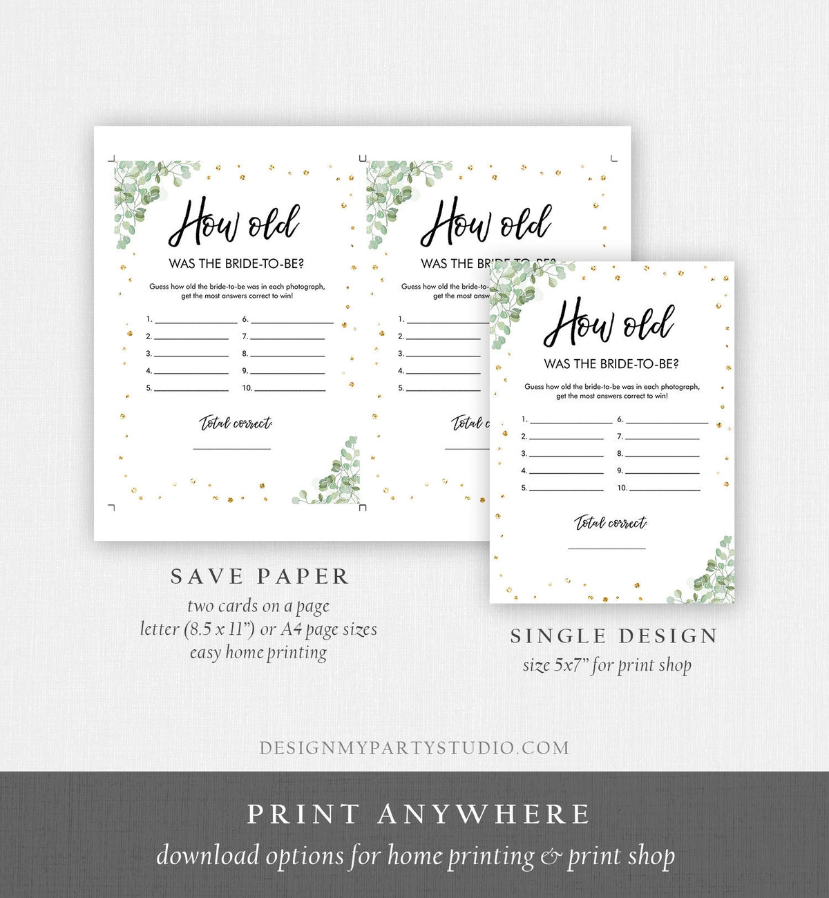 Editable How Old Was The Bride-to-Be Bridal Shower Game Wedding Shower Activity Eucalyptus Gold Digital Template Printable 0030 0318