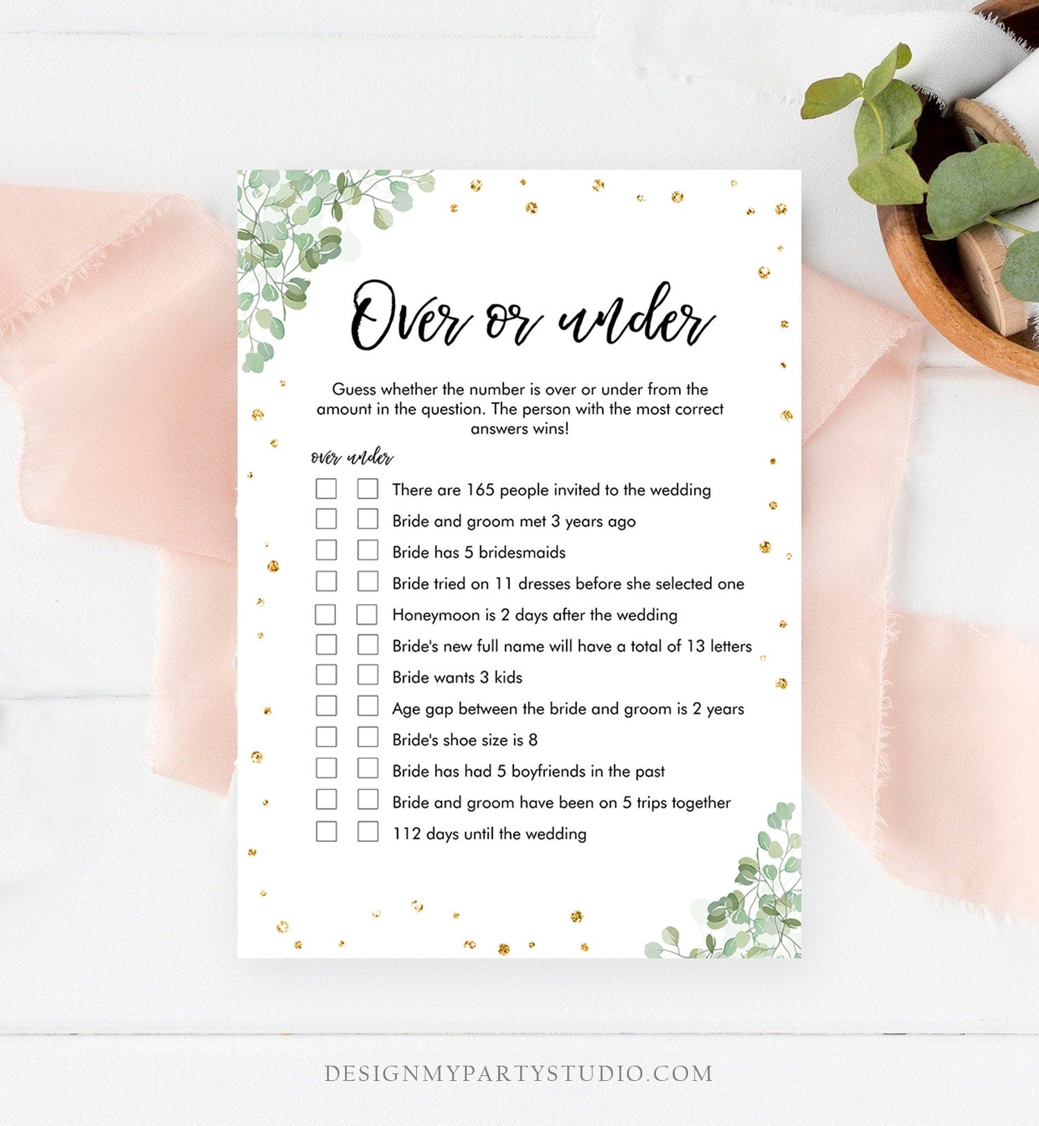 Editable Over or Under Bridal Shower Game Floral Greenery Flowers Eucalyptus Confetti Hens Night Guessing Greenery Corjl 0030 0318