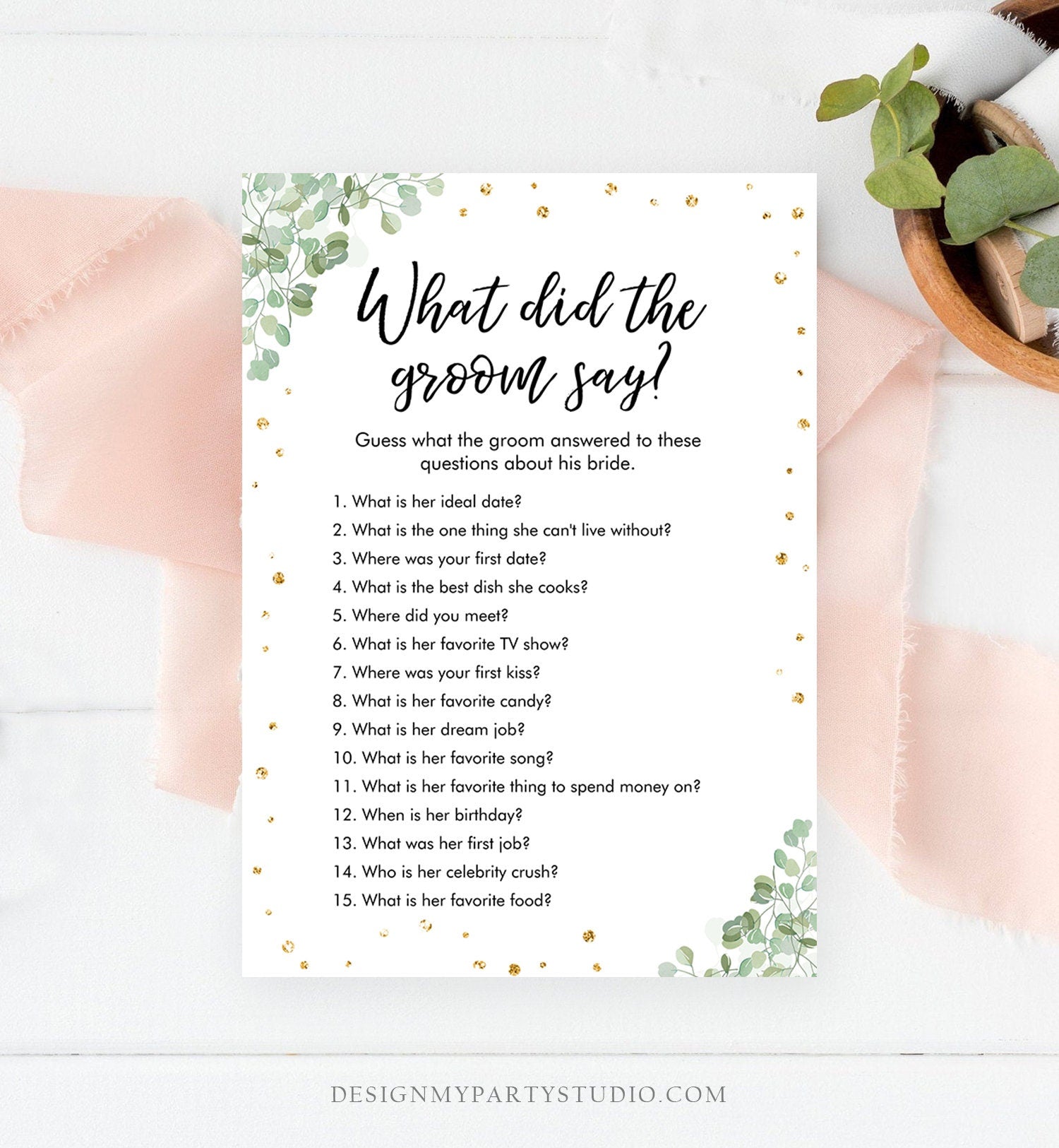 Editable What Did The Groom Say About His Bride Game Bridal Shower Game Eucalyptus Gold Confetti Download Corjl Printable 0030 0318