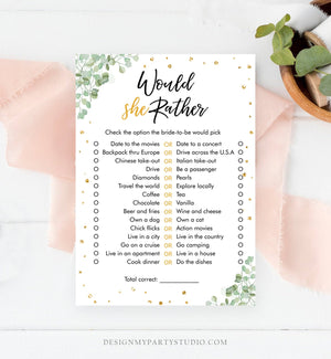 Editable Would She Rather Bridal Shower Game Wedding Shower Activity Eucalyptus Gold Confetti Party Download Corjl Printable 0030