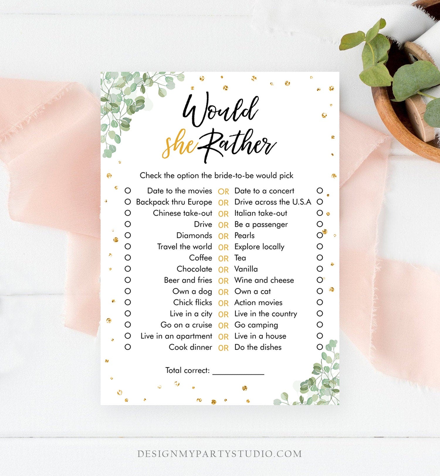 Editable Would She Rather Bridal Shower Game Wedding Shower Activity Eucalyptus Gold Confetti Party Download Template Printable 0030