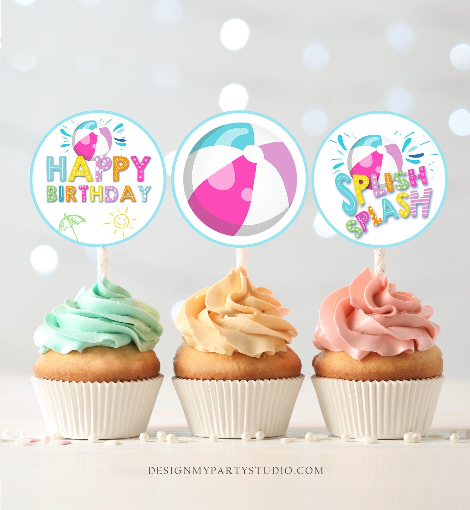 Pool Party Cupcake Toppers Favor Tags Girl Pool Birthday Party Decoration Summer Birthday Pink Splish Splash Digital Download Printable 0169