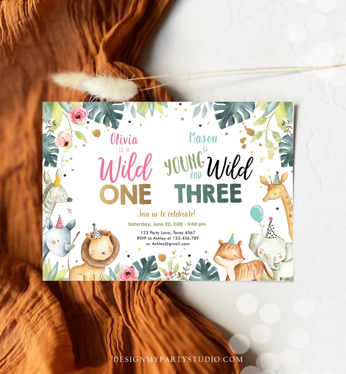 Editable Safari Animals Joint Birthday Invitation Boy Girl Wild One and Three Combined Party Zoo Wild and Three Template Digital Corjl 0163