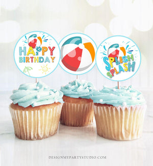 Pool Party Cupcake Toppers Favor Tags Boy Pool Birthday Party Decoration Summer Birthday Red Splish Splash Download Digital PRINTABLE 0169