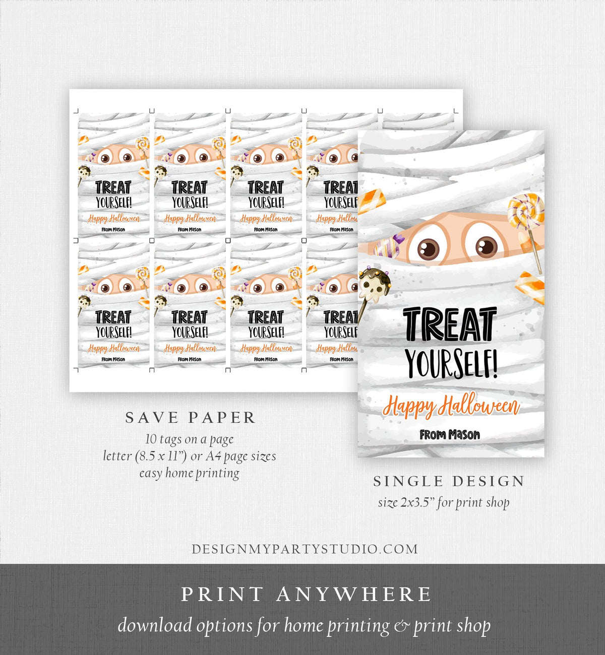 Editable Halloween Favor Tag Mummy Gift Tags Costume Party Trick Or Treat Candy Tags Mummy Treat Digital Download Template Printable 0261