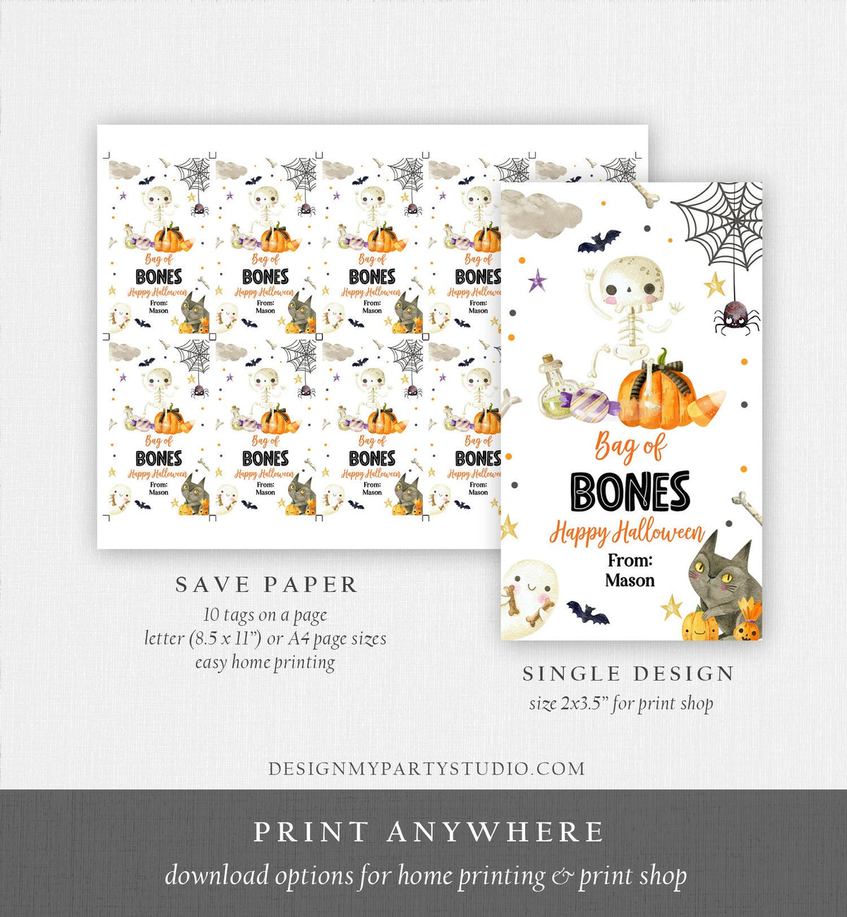 Editable Halloween Gift Tag Skeleton Gift Tags Trick Or Treat Halloween School Treat Bag of Bones Tag Download Printable Template Corjl 0261