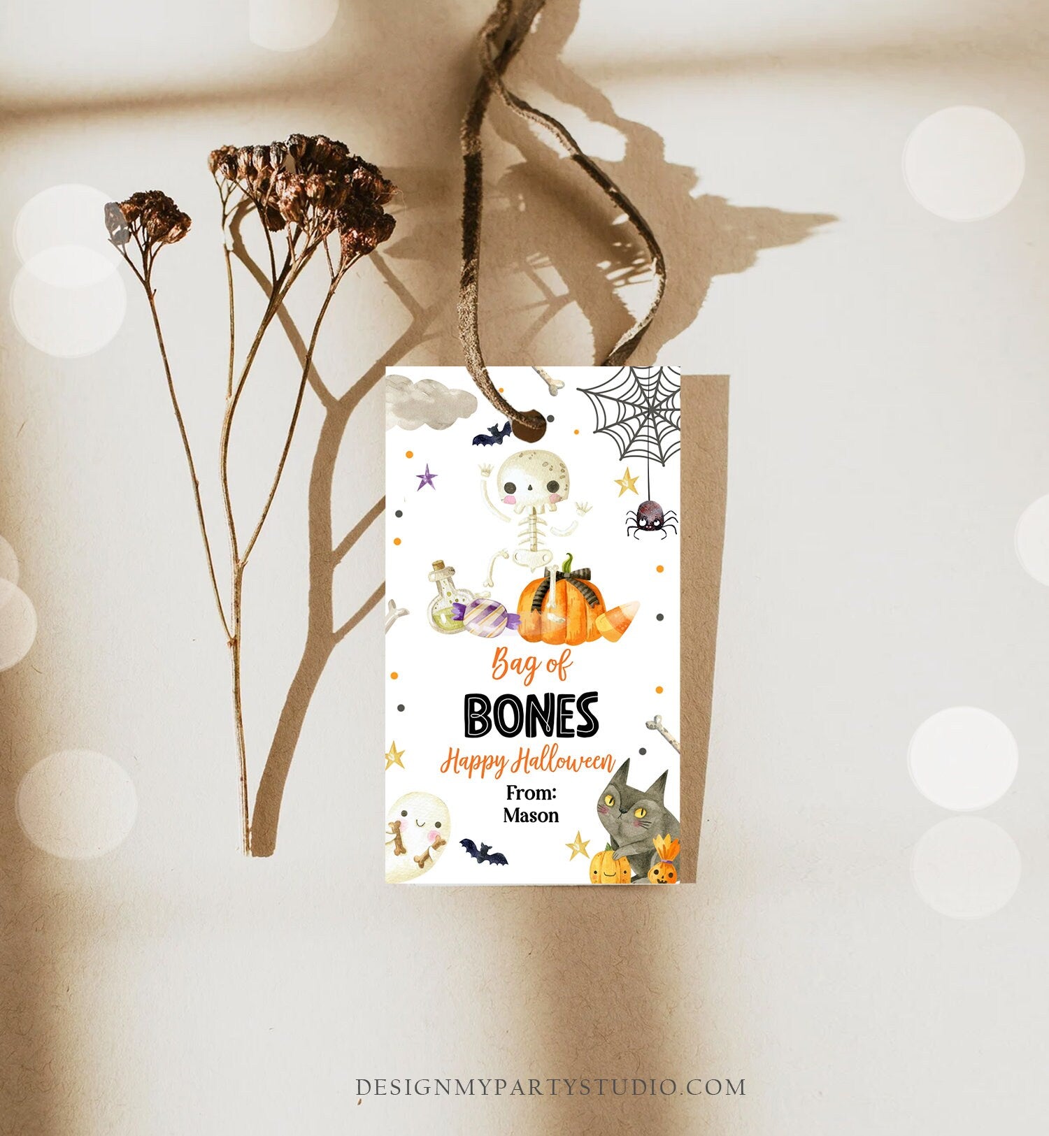 Editable Halloween Gift Tag Skeleton Gift Tags Trick Or Treat Halloween School Treat Bag of Bones Tag Download Printable Template Corjl 0261