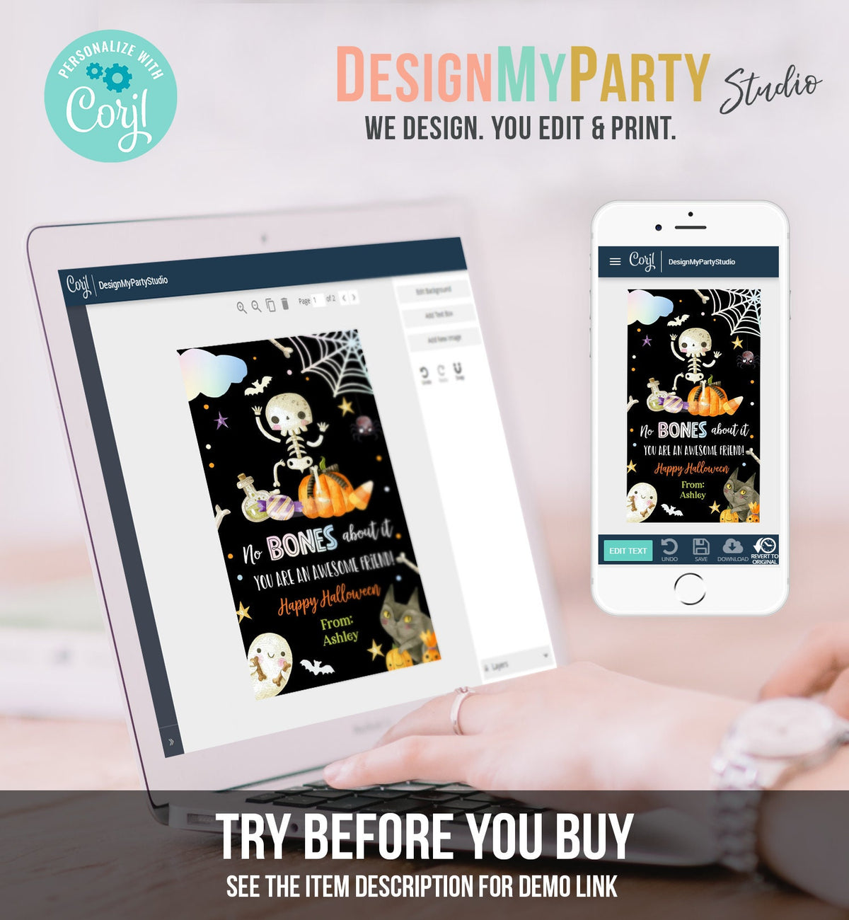 Editable Halloween Gift Tag Skeleton Gift Tag No Bones About It Friend School Treat Skull Favors Digital Download Template Printable 0261