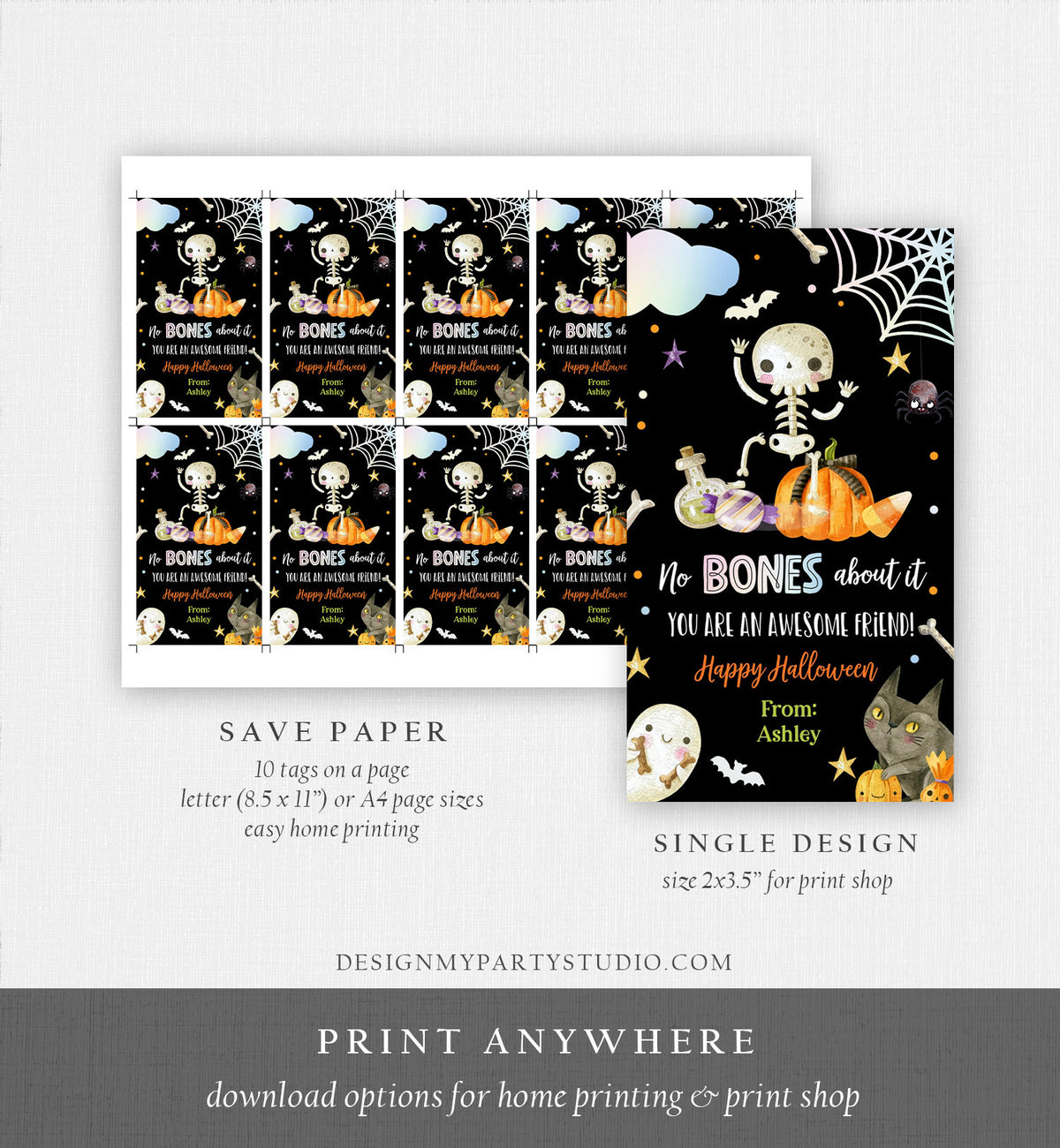 Editable Halloween Gift Tag Skeleton Gift Tag No Bones About It Friend School Treat Skull Favors Digital Download Template Printable 0261