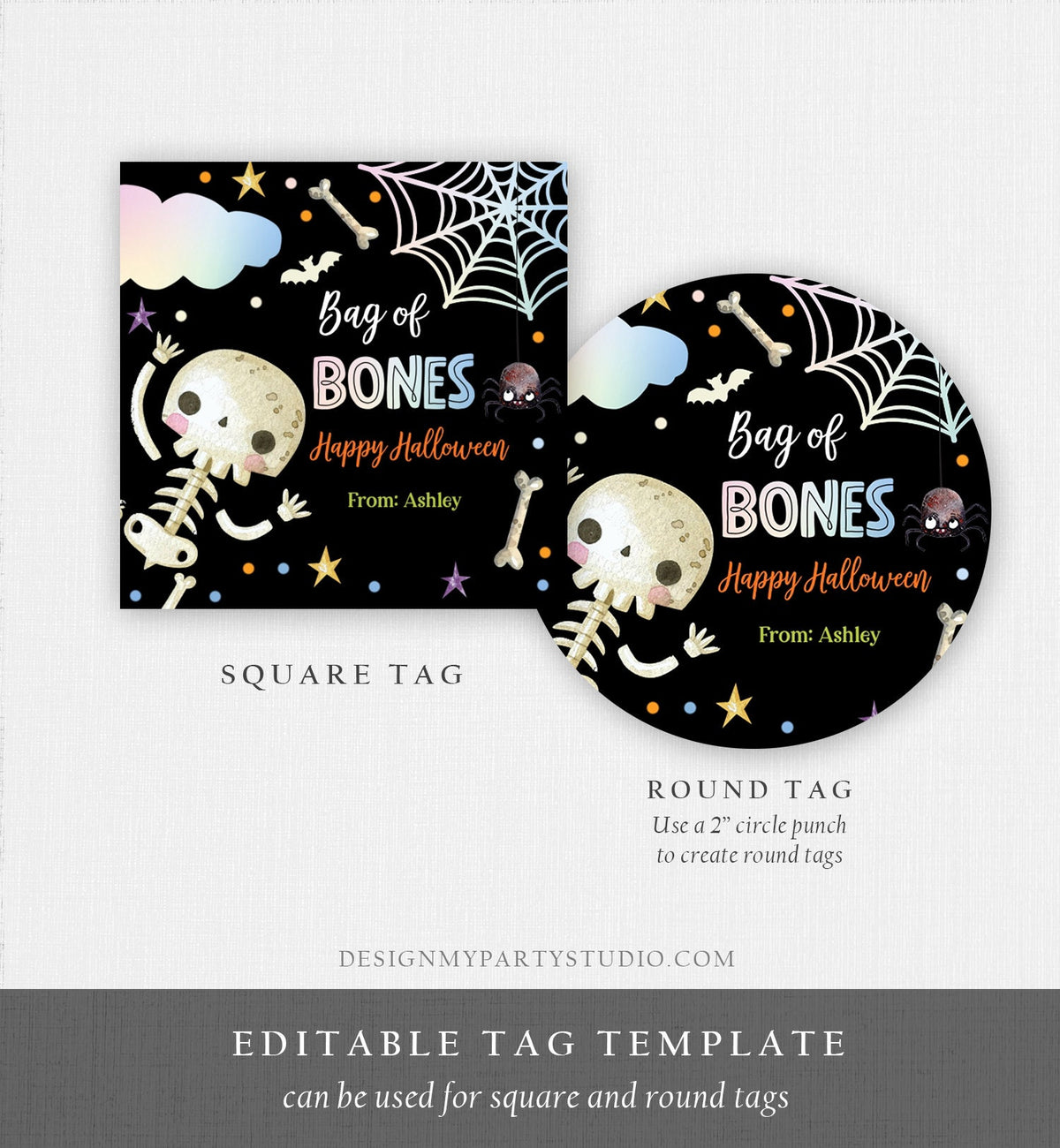 Editable Halloween Gift Tag Skeleton Sticker Trick Or Treat Halloween School Treat Bag of Bones Tag Digital Download Template Printable 0261