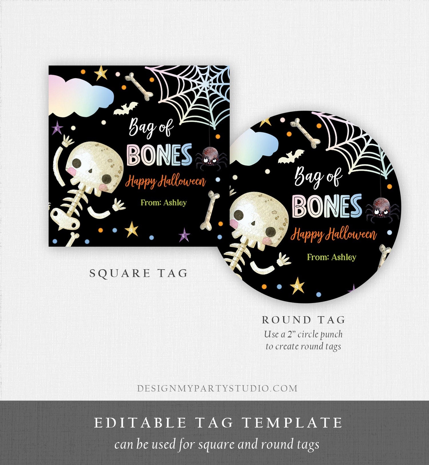 Editable Halloween Gift Tag Skeleton Sticker Trick Or Treat Halloween School Treat Bag of Bones Tag Digital Download Template Printable 0261