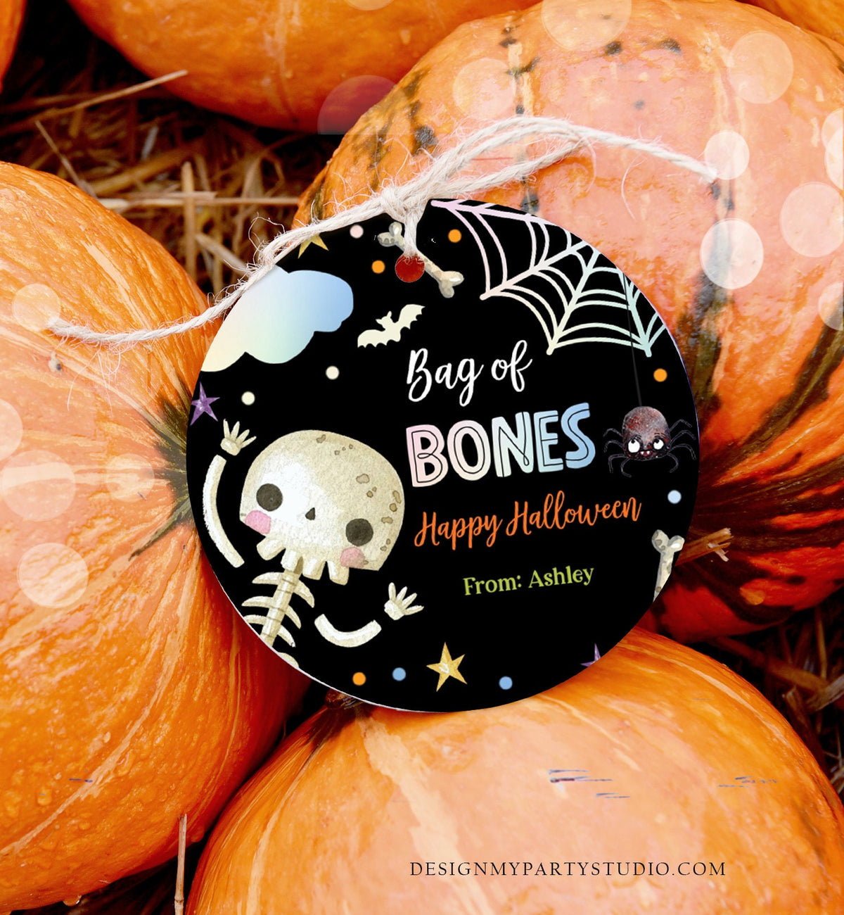 Editable Halloween Gift Tag Skeleton Sticker Trick Or Treat Halloween School Treat Bag of Bones Tag Digital Download Template Printable 0261