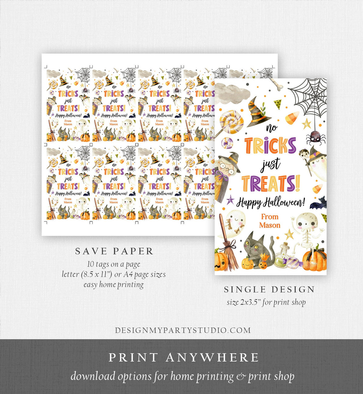 Editable Halloween Gift Tag No Tricks Just Treats Halloween Treat Tag Trick Or Treat Favor Tags Kids Download Template Printable 0261 0475