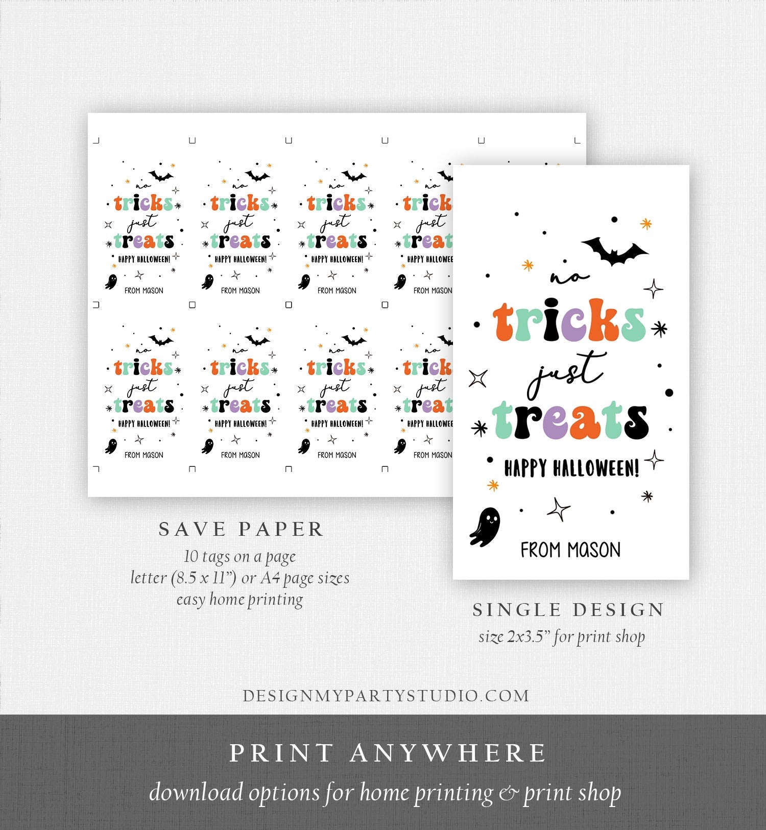 Editable Halloween Gift Tag No Tricks Just Treats Halloween Favor Treat Tag Trick Or Treat Kids Digital Download Template Printable 0261