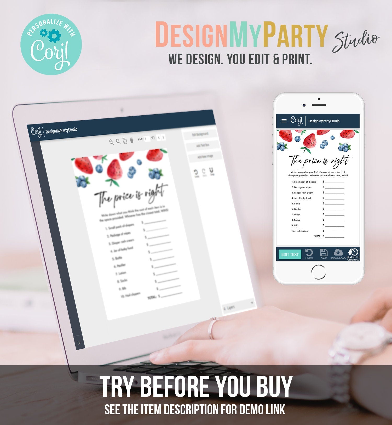 Editable The Price is Right Game Strawberry Blueberry Baby Shower Berry Sweet Strawberries Digital Download Template Printable 0399