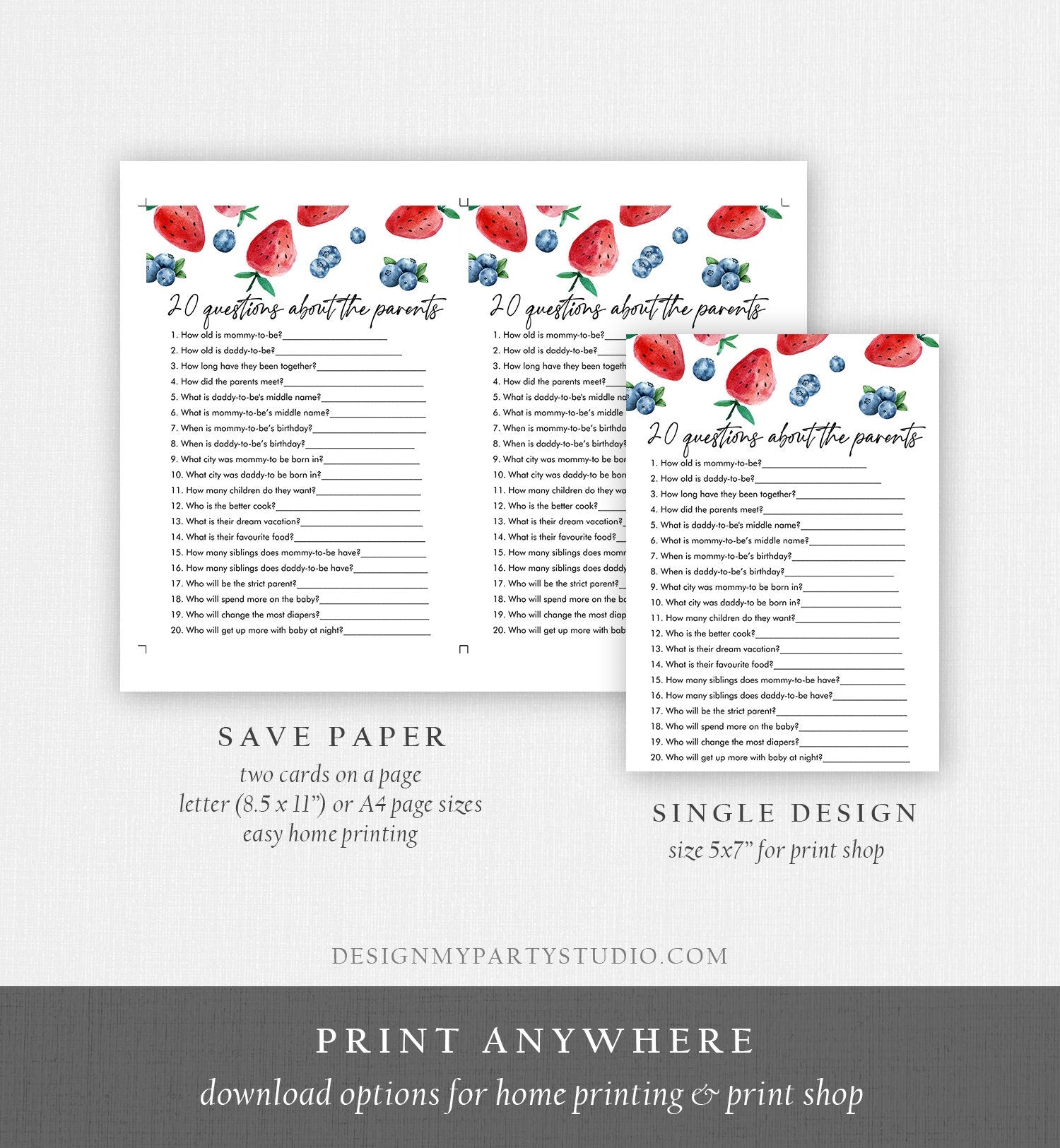 Editable 20 Questions about the Parents Baby Shower Game Strawberry Blueberry Baby Shower Berry Sweet Digital Template Printable 0399